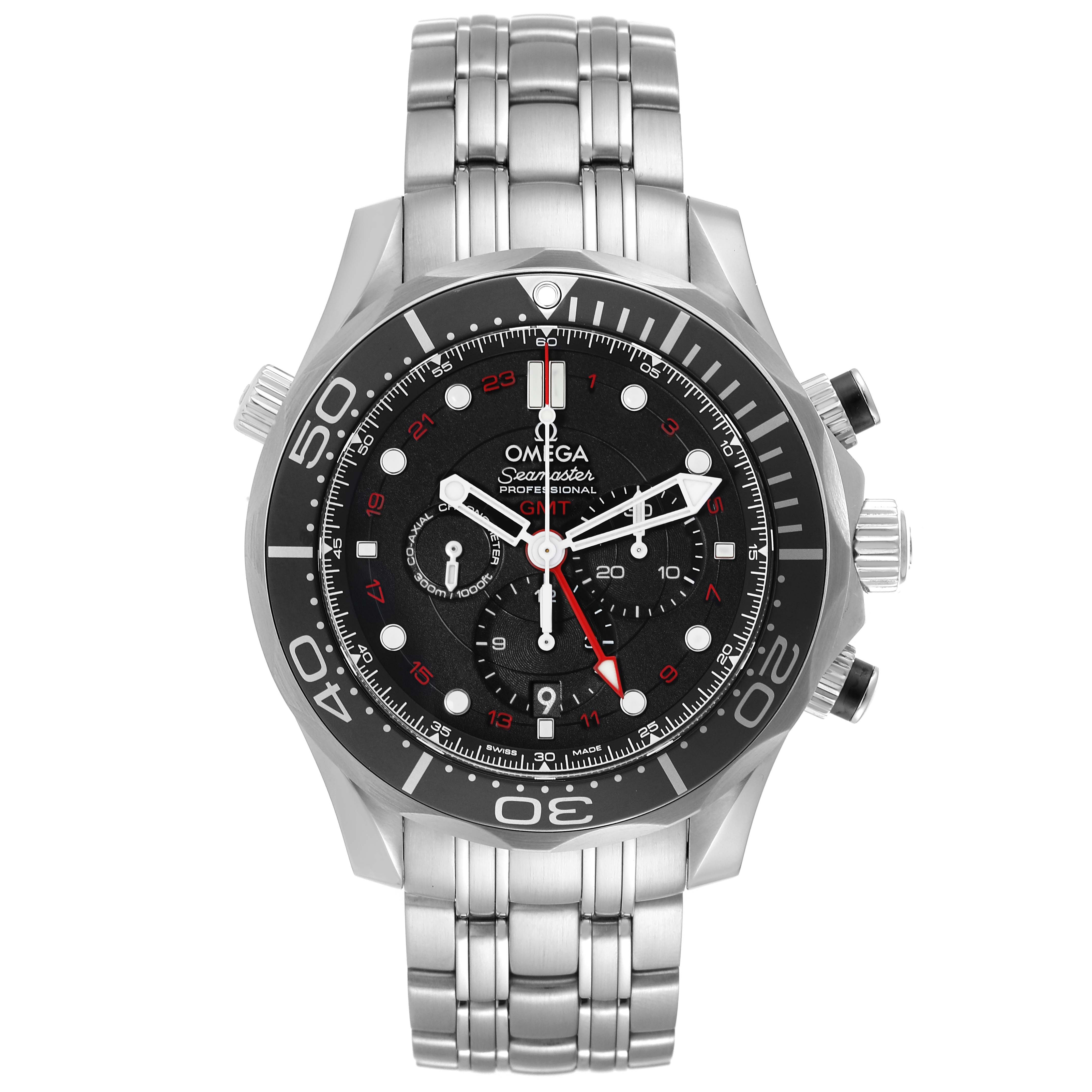 The image shows a full, front-on view of the Omega Seamaster 212.30.44.52.01.001 Men
s Stainless Steel Black Dial 212.30.44.52.01.001 Men
s Stainless Steel Black Dial watch, highlighting its dial, bezel, and metal bracelet.