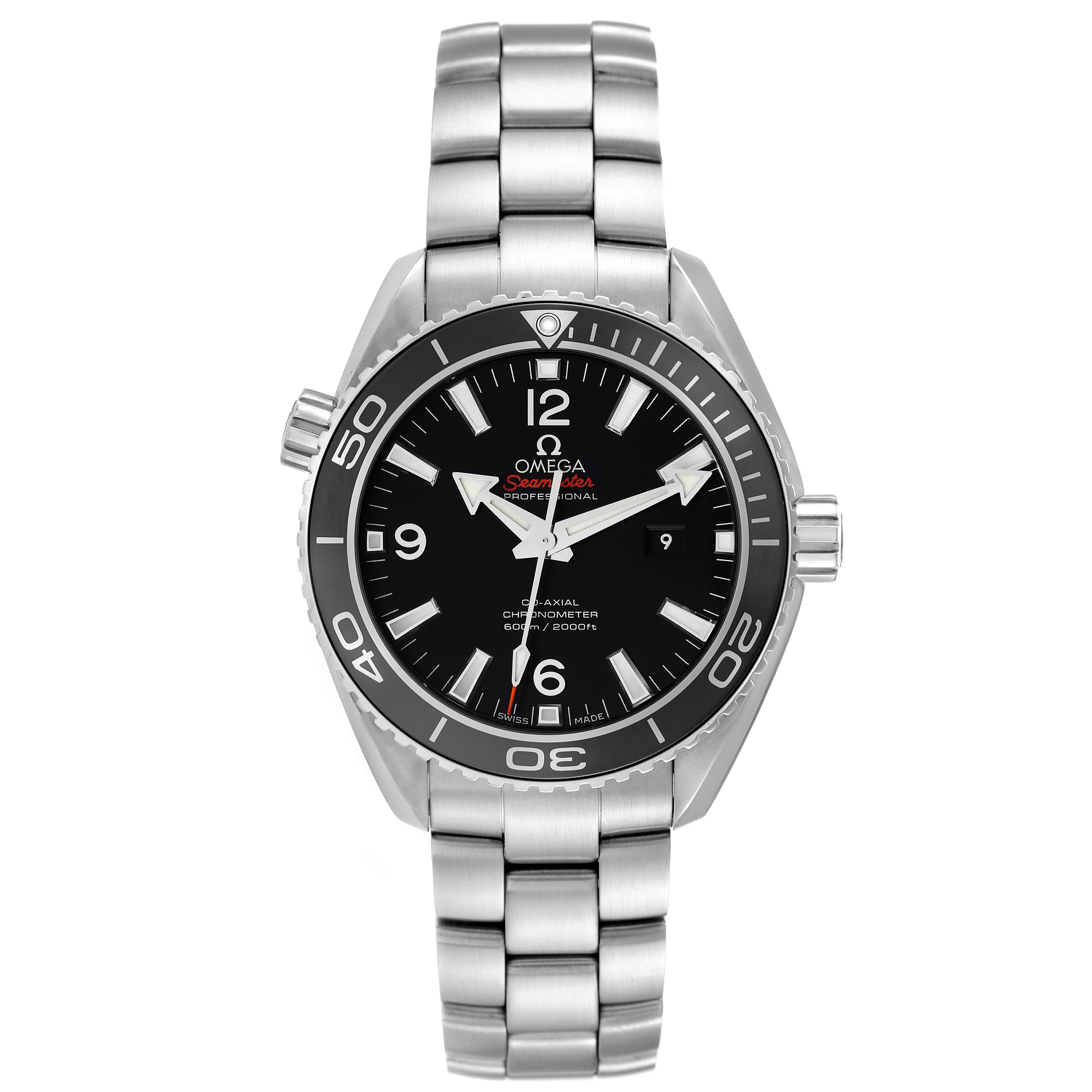 The image shows a front view of the Omega Planet Ocean 232.30.38.20.01.001 Men
s Stainless Steel Black Dial 232.30.38.20.01.001 Men
s Stainless Steel Black Dial watch, highlighting its dial, bezel, and stainless steel bracelet.