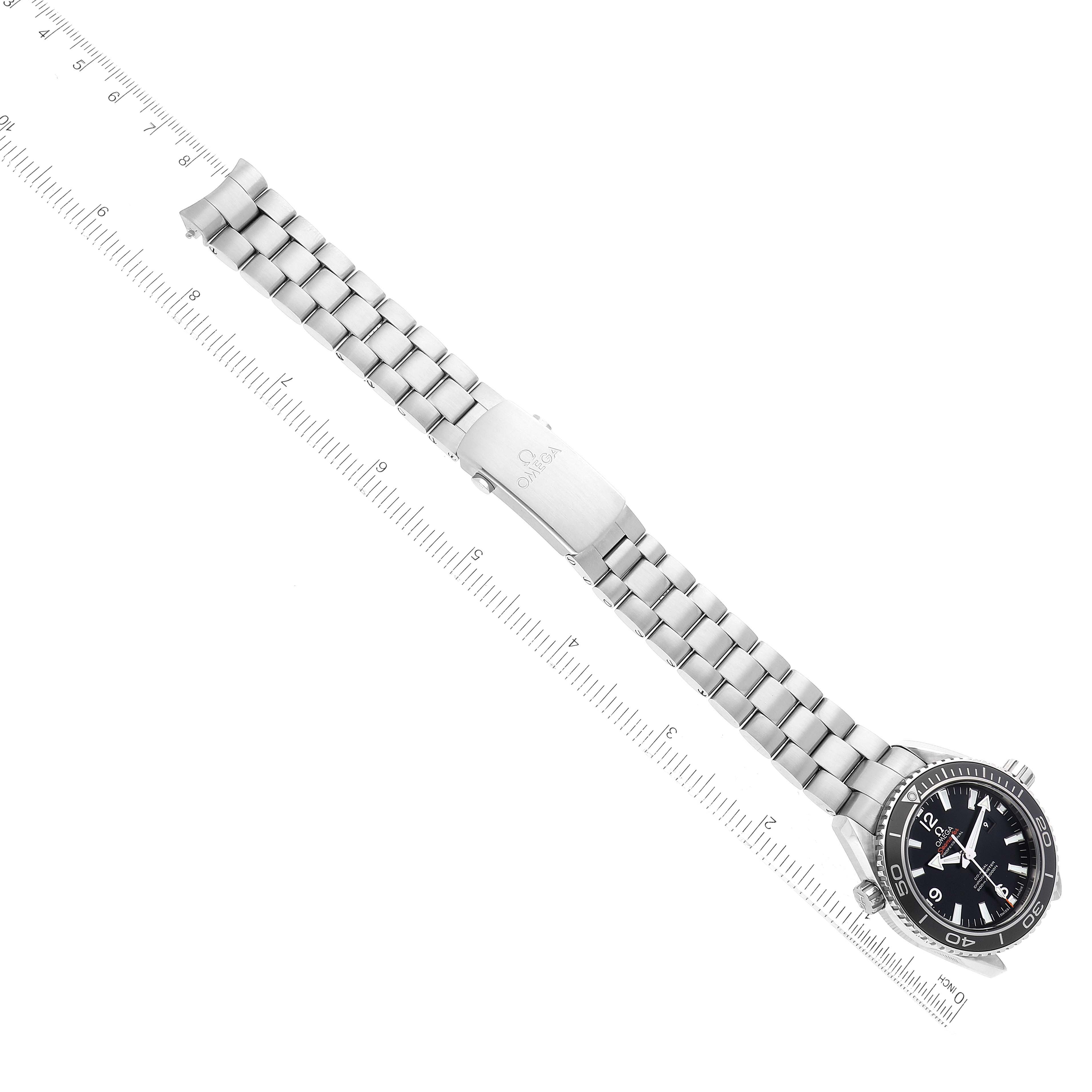 The Omega Planet Ocean 232.30.38.20.01.001 Men
s Stainless Steel Black Dial 232.30.38.20.01.001 Men
s Stainless Steel Black Dial watch is shown at an angle, highlighting the black dial, stainless steel bracelet, and clasp.