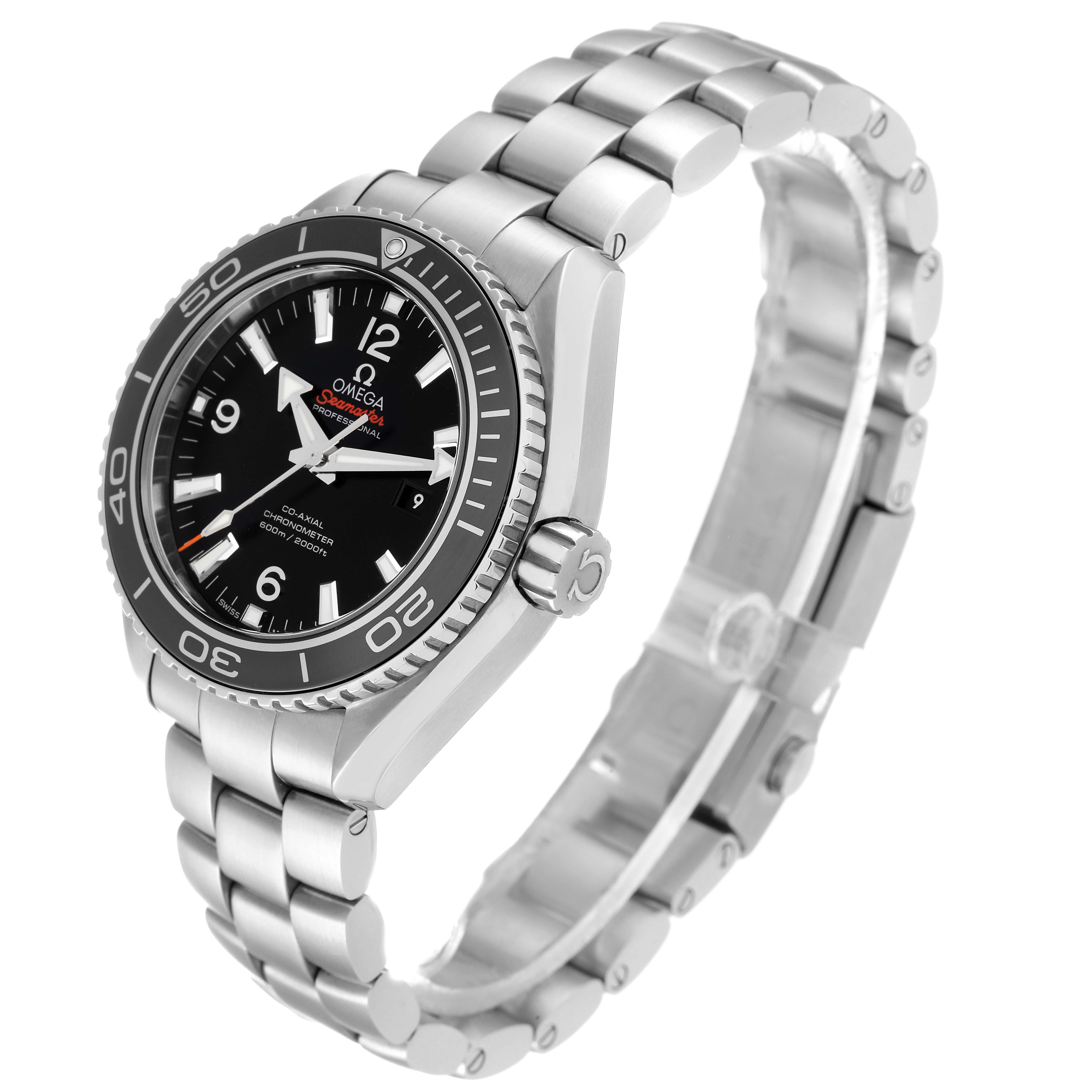 The image shows a side angle of the Omega Planet Ocean 232.30.38.20.01.001 Men
s Stainless Steel Black Dial 232.30.38.20.01.001 Men
s Stainless Steel Black Dial watch, highlighting the bracelet, crown, bezel, and dial.