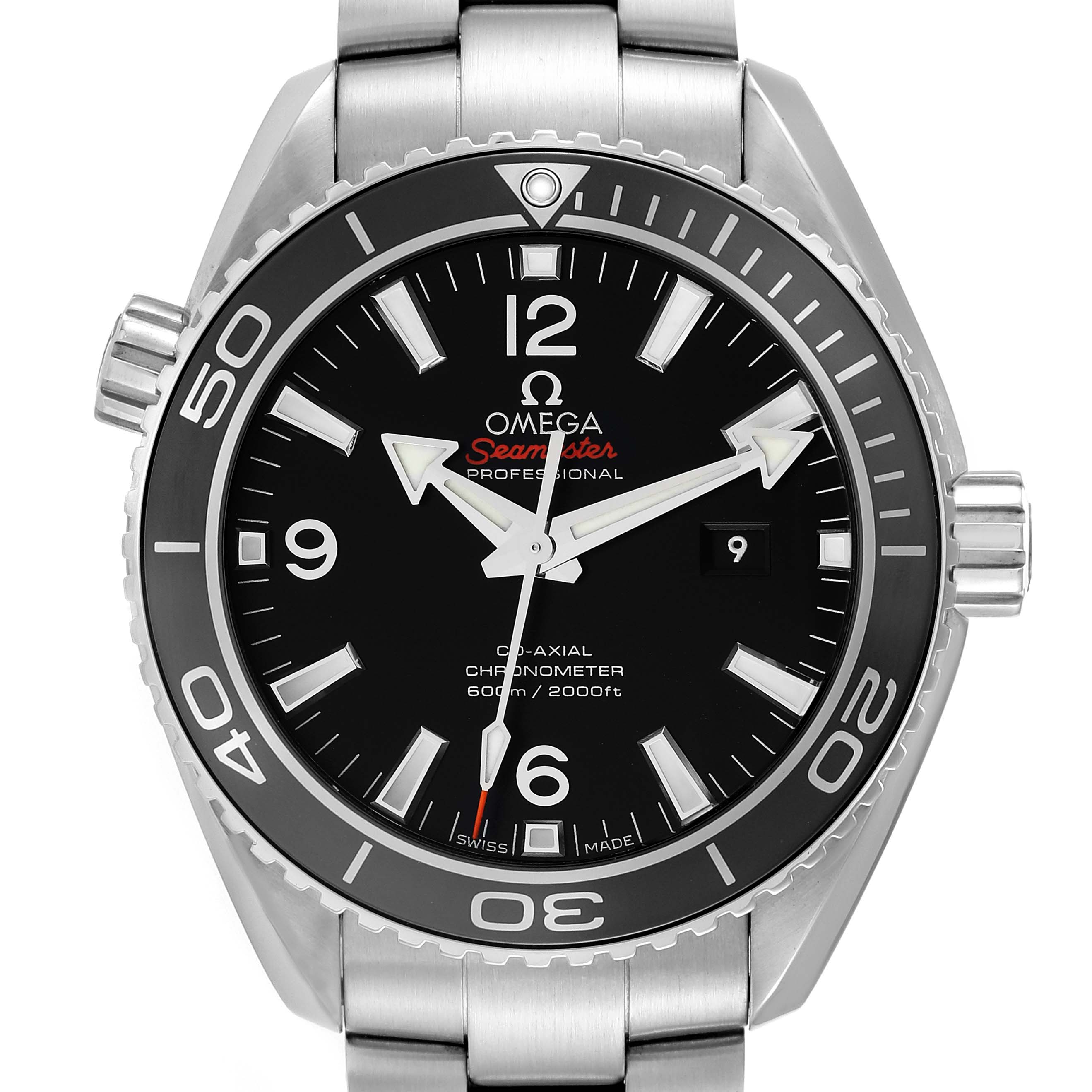 The image shows a front view of the Omega Planet Ocean 232.30.38.20.01.001 Men
s Stainless Steel Black Dial 232.30.38.20.01.001 Men
s Stainless Steel Black Dial watch, highlighting the dial, bezel, crown, and bracelet.