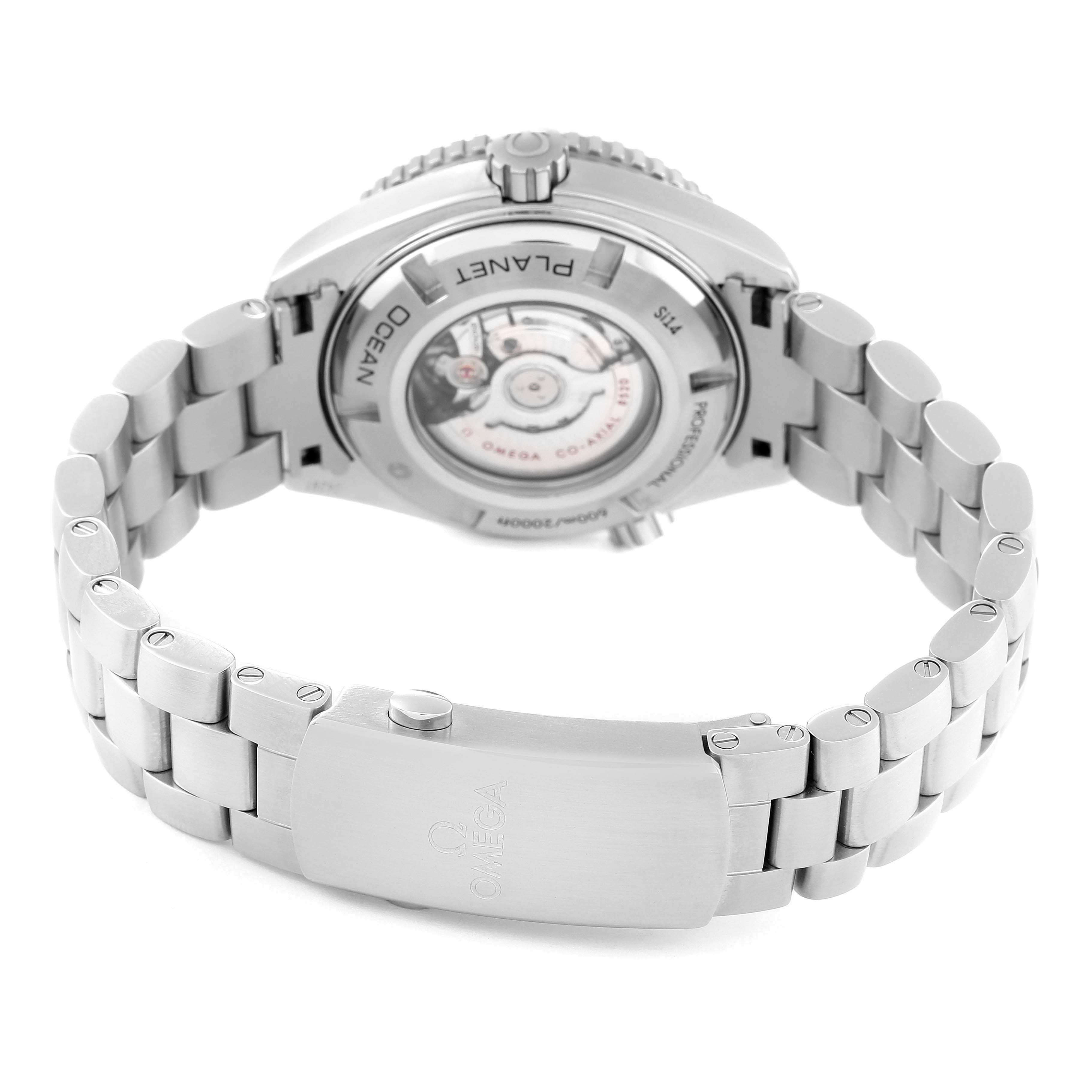 The image shows the back view of the Omega Planet Ocean 232.30.38.20.01.001 Men
s Stainless Steel Black Dial 232.30.38.20.01.001 Men
s Stainless Steel Black Dial watch, revealing the case back and part of the stainless steel bracelet.