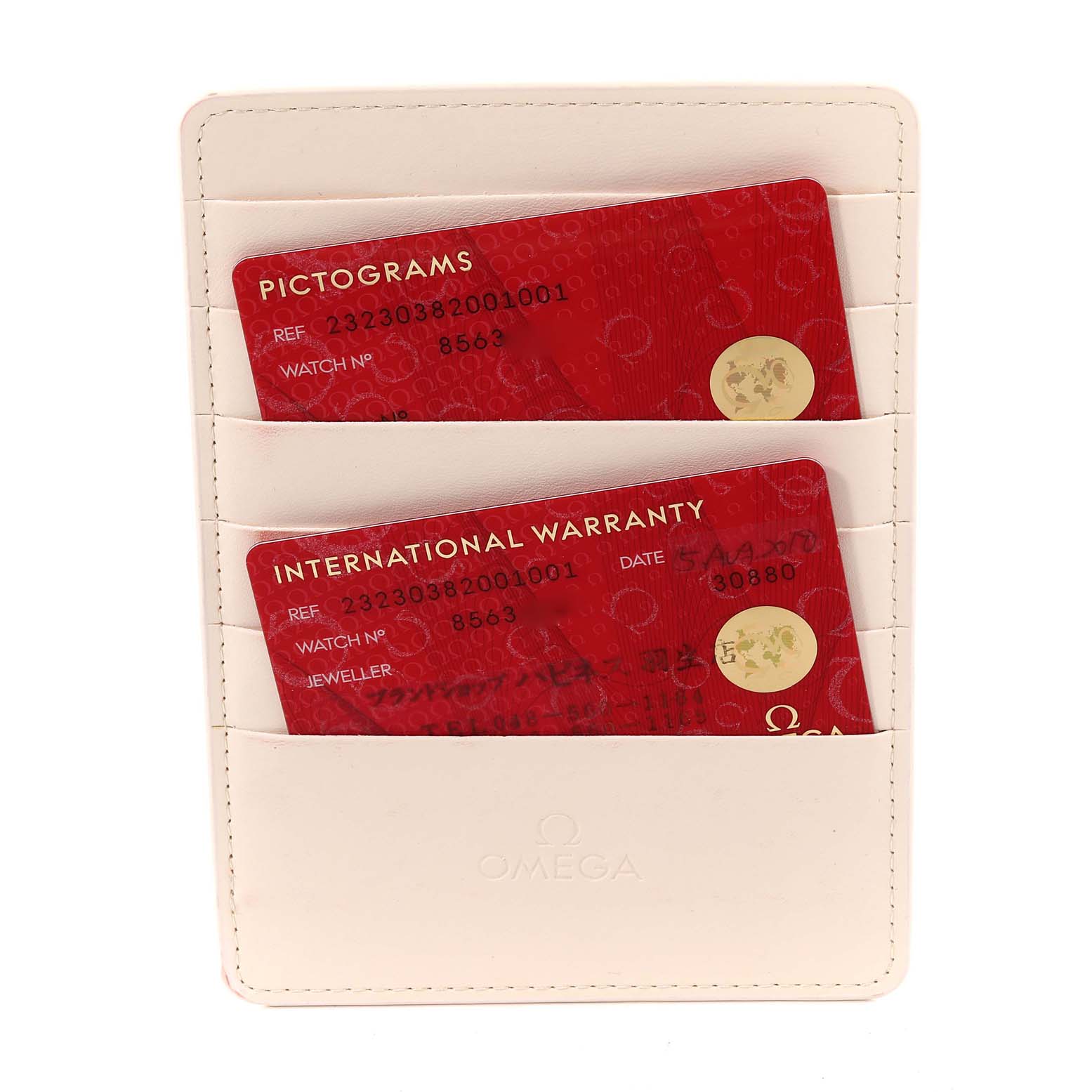 The image shows the warranty and pictogram cards for the Omega Planet Ocean 232.30.38.20.01.001 Men
s Stainless Steel Black Dial 232.30.38.20.01.001 Men
s Stainless Steel Black Dial model in a white cardholder.