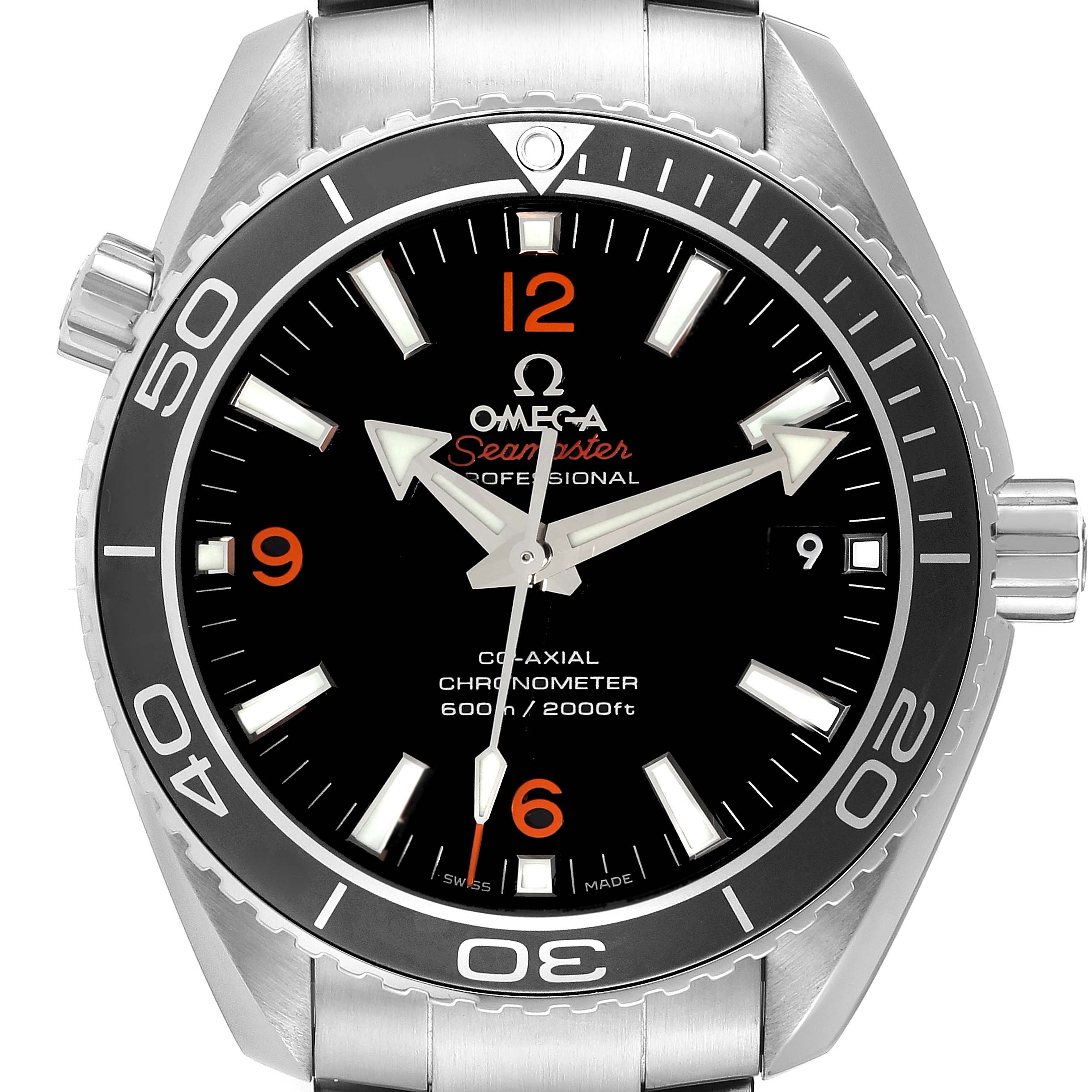 This front view shows the Omega Planet Ocean 232.30.42.21.01.003 Men
s Stainless Steel Black Dial 232.30.42.21.01.003 Men
s Stainless Steel Black Dial Seamaster
s dial, bezel, and part of the stainless steel bracelet.