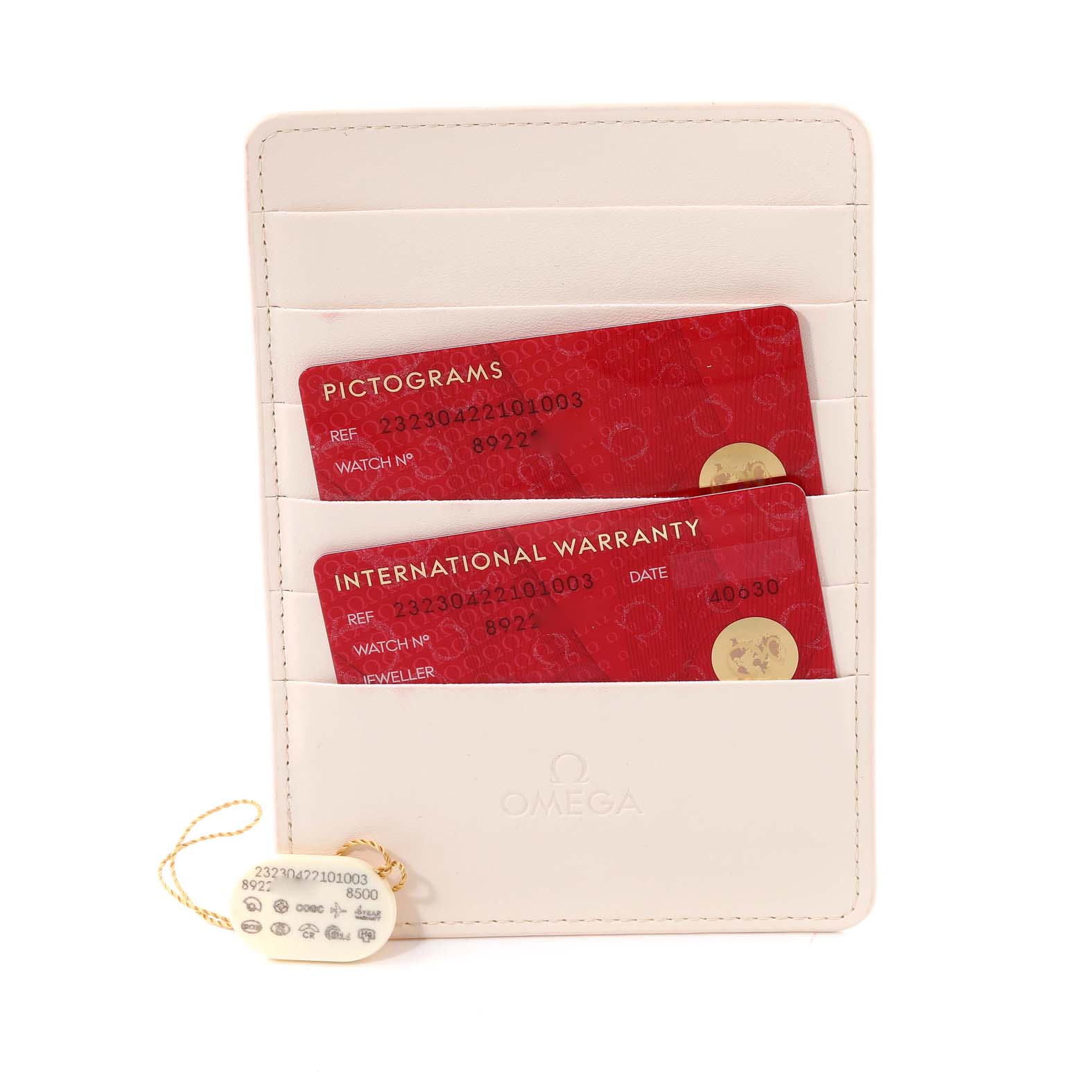 The image shows warranty and pictogram cards for the Omega Planet Ocean 232.30.42.21.01.003 Men
s Stainless Steel Black Dial 232.30.42.21.01.003 Men
s Stainless Steel Black Dial watch, along with a small tag, all in a white card holder.