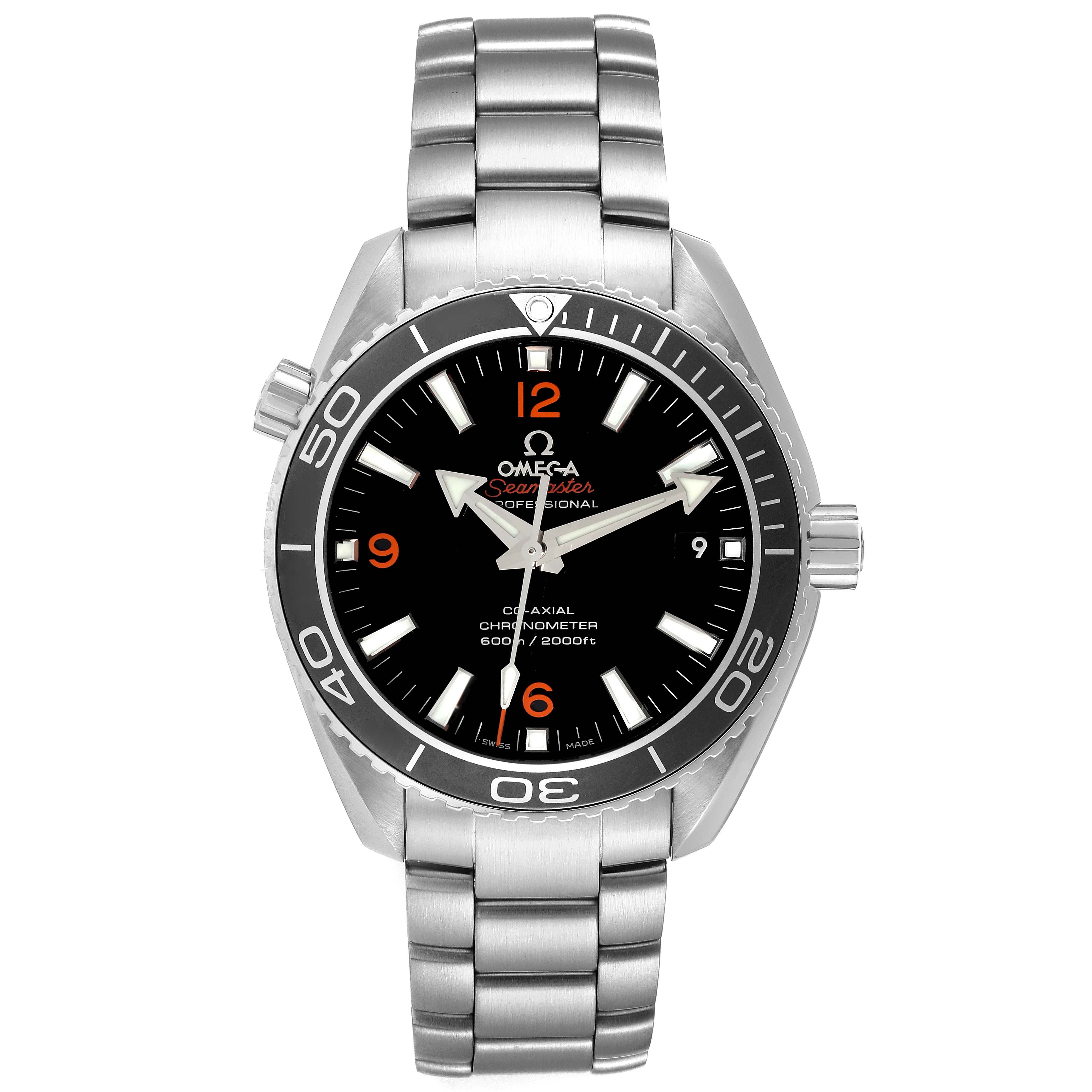 This image shows a front view of an Omega Planet Ocean 232.30.42.21.01.003 Men
s Stainless Steel Black Dial 232.30.42.21.01.003 Men
s Stainless Steel Black Dial model watch with its dial, bezel, and bracelet visible.