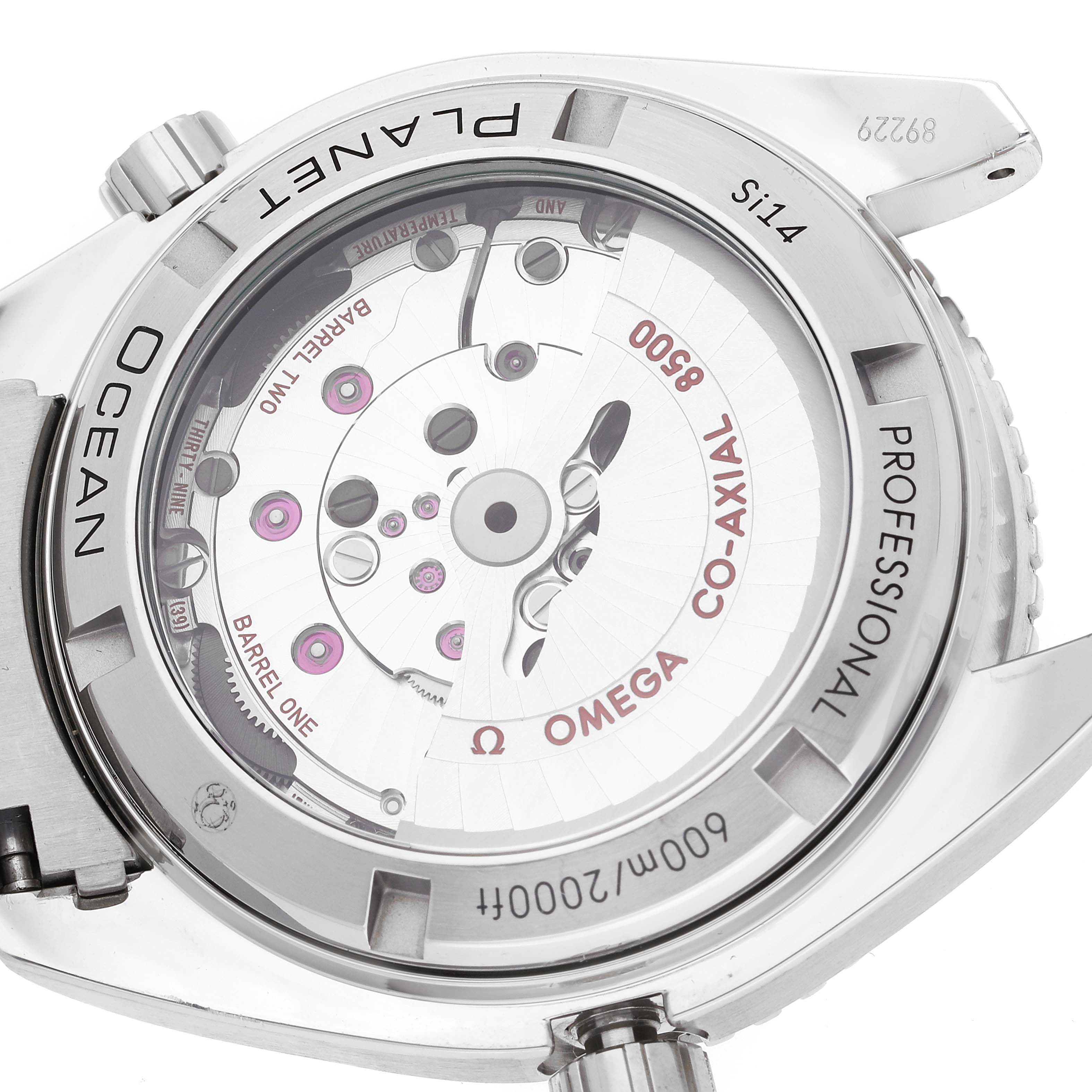 This image shows the open case back of the Omega Planet Ocean 232.30.42.21.01.003 Men
s Stainless Steel Black Dial 232.30.42.21.01.003 Men
s Stainless Steel Black Dial watch, revealing its co-axial mechanical movement.