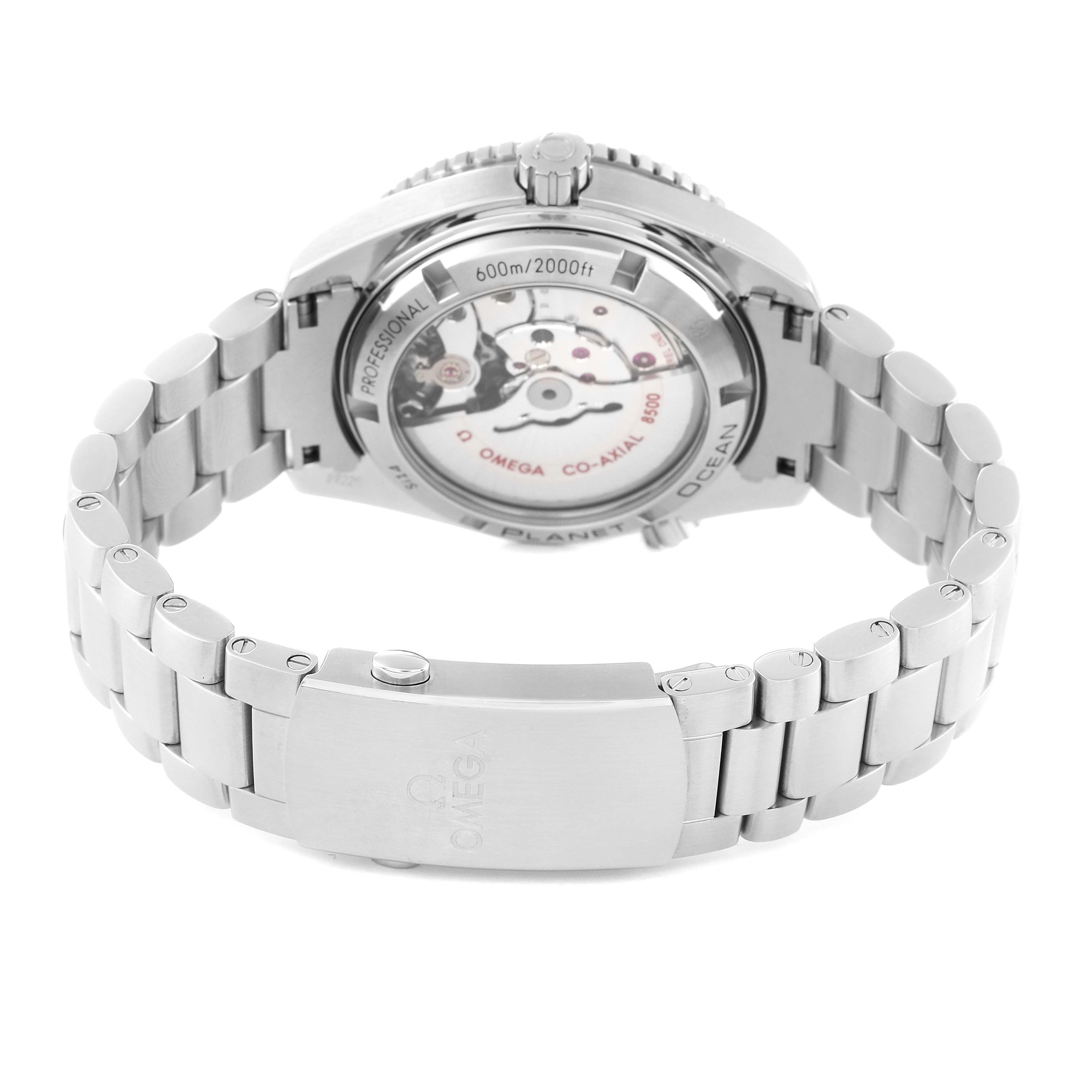 The image shows the back view of the Omega Planet Ocean 232.30.42.21.01.003 Men
s Stainless Steel Black Dial 232.30.42.21.01.003 Men
s Stainless Steel Black Dial watch highlighting its movement and metal bracelet.