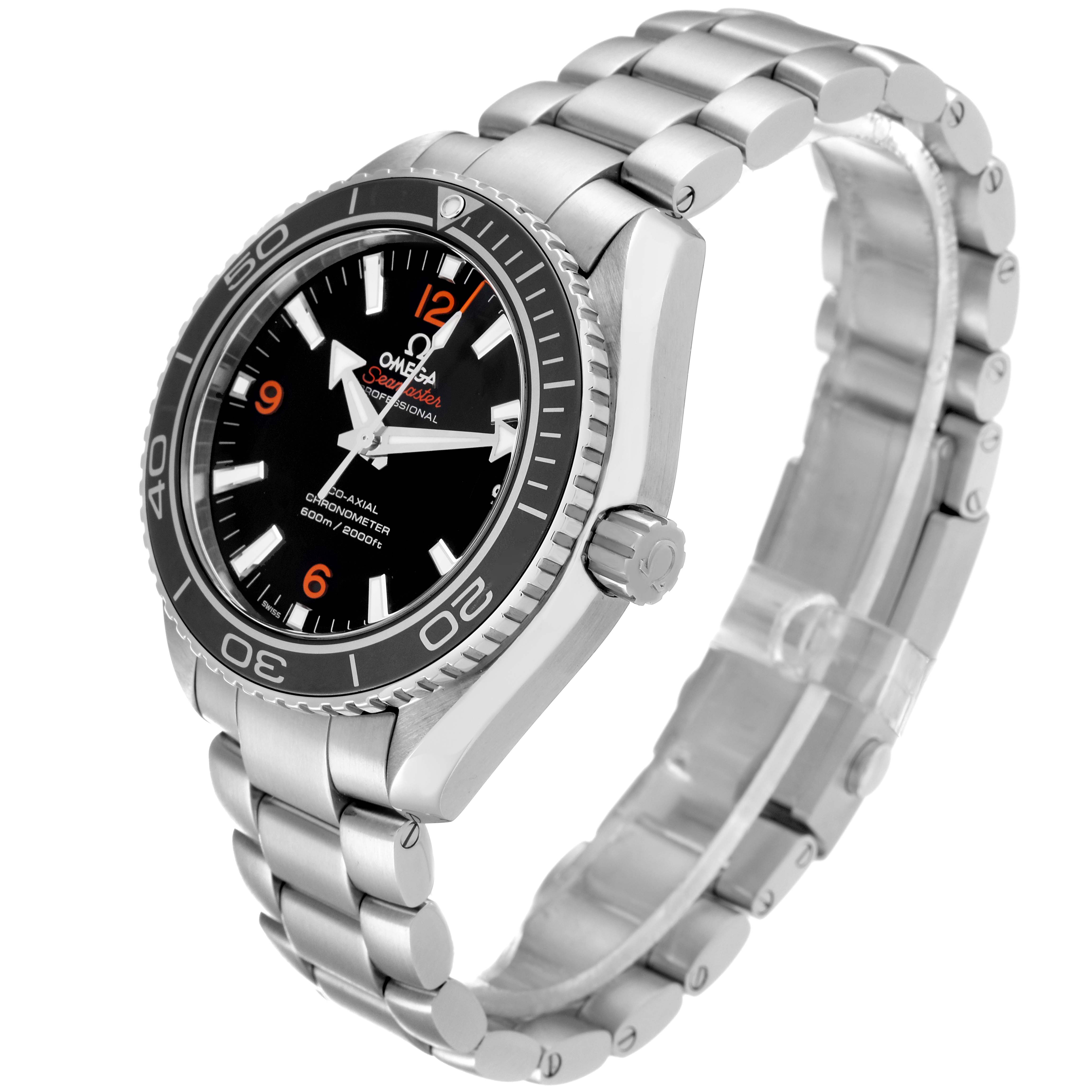 The Omega Planet Ocean 232.30.42.21.01.003 Men
s Stainless Steel Black Dial 232.30.42.21.01.003 Men
s Stainless Steel Black Dial watch is shown at a three-quarter angle, displaying the face, bezel, crown, and stainless steel bracelet.