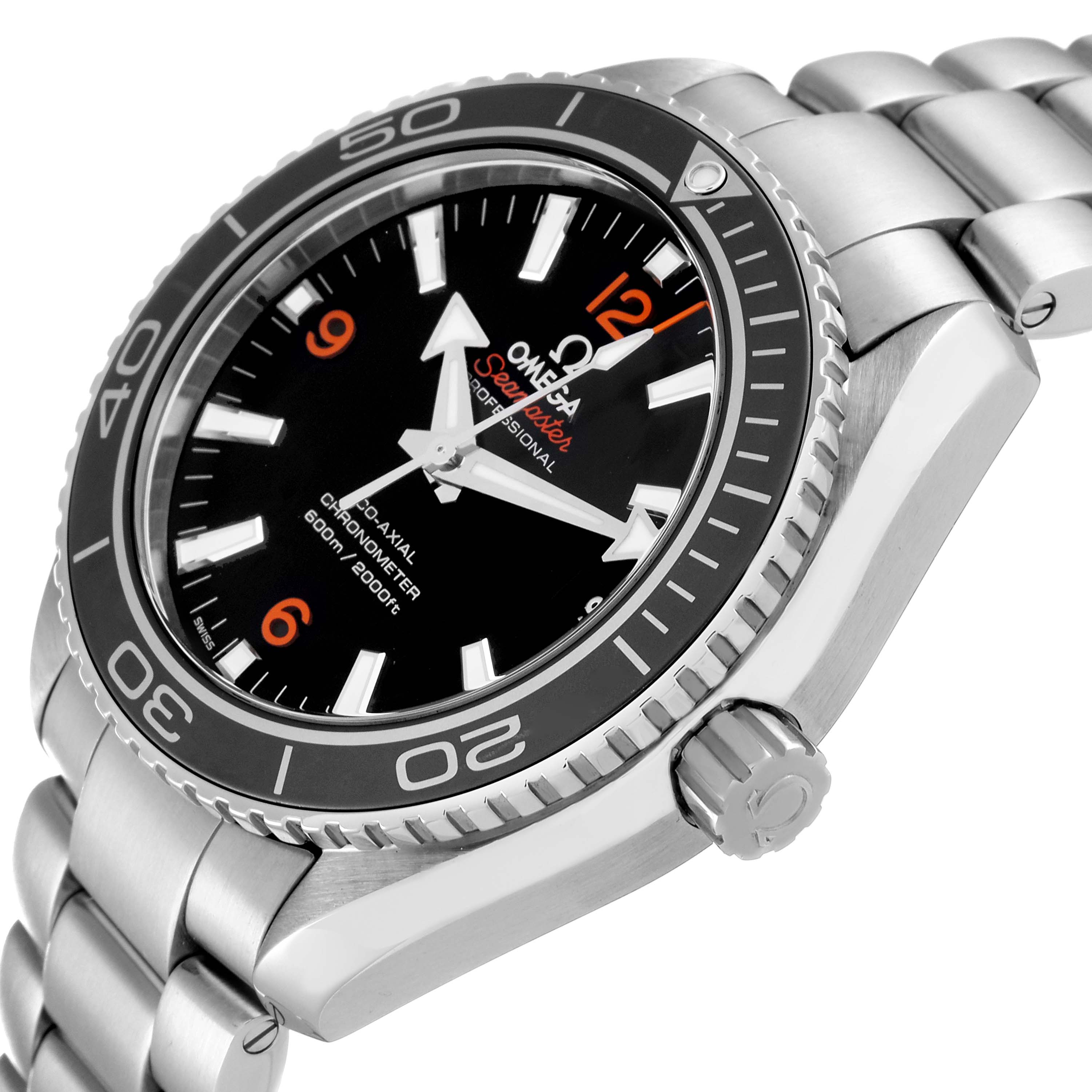 The Omega Planet Ocean 232.30.42.21.01.003 Men
s Stainless Steel Black Dial 232.30.42.21.01.003 Men
s Stainless Steel Black Dial watch is shown at an angle highlighting the dial, bezel, crown, and stainless steel bracelet.