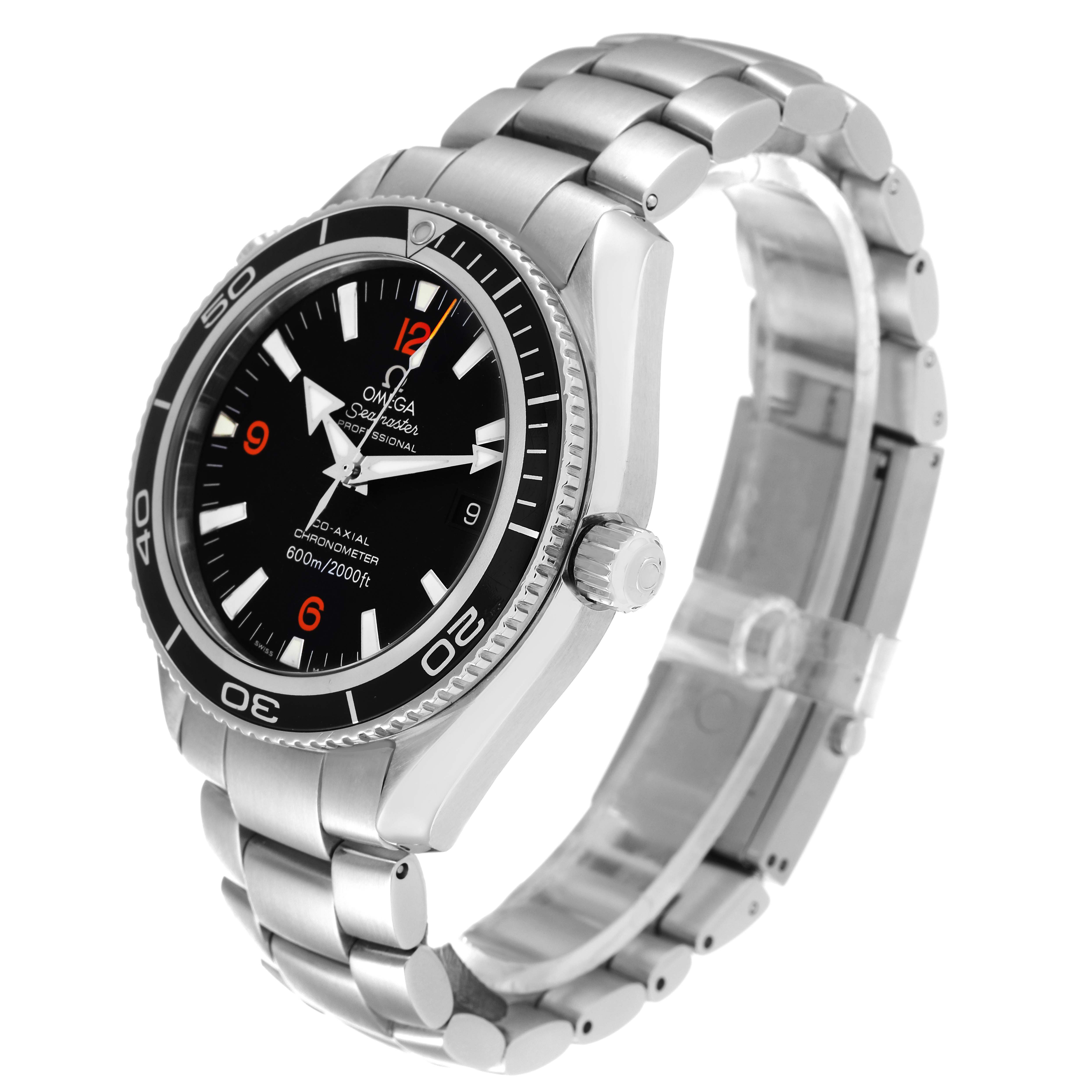 The Omega Planet Ocean 2201.51.00 Men
s Stainless Steel Black Dial 2201.51.00 Men
s Stainless Steel Black Dial watch is shown at a three-quarter angle highlighting the dial, bezel, crown, and stainless steel bracelet.