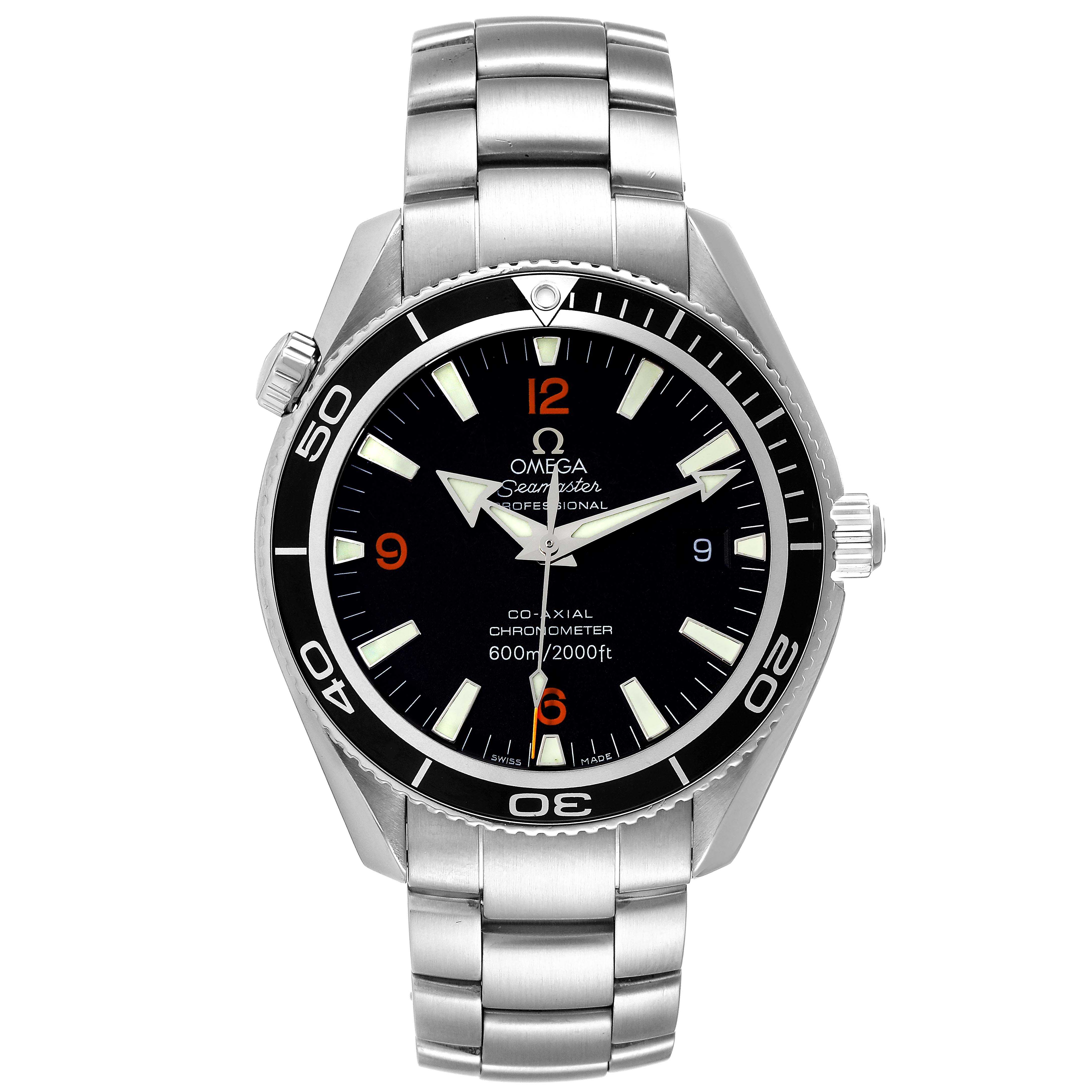 The image shows a front view of the Omega Planet Ocean 2201.51.00 Men
s Stainless Steel Black Dial 2201.51.00 Men
s Stainless Steel Black Dial watch, highlighting the face, bezel, crown, and bracelet.