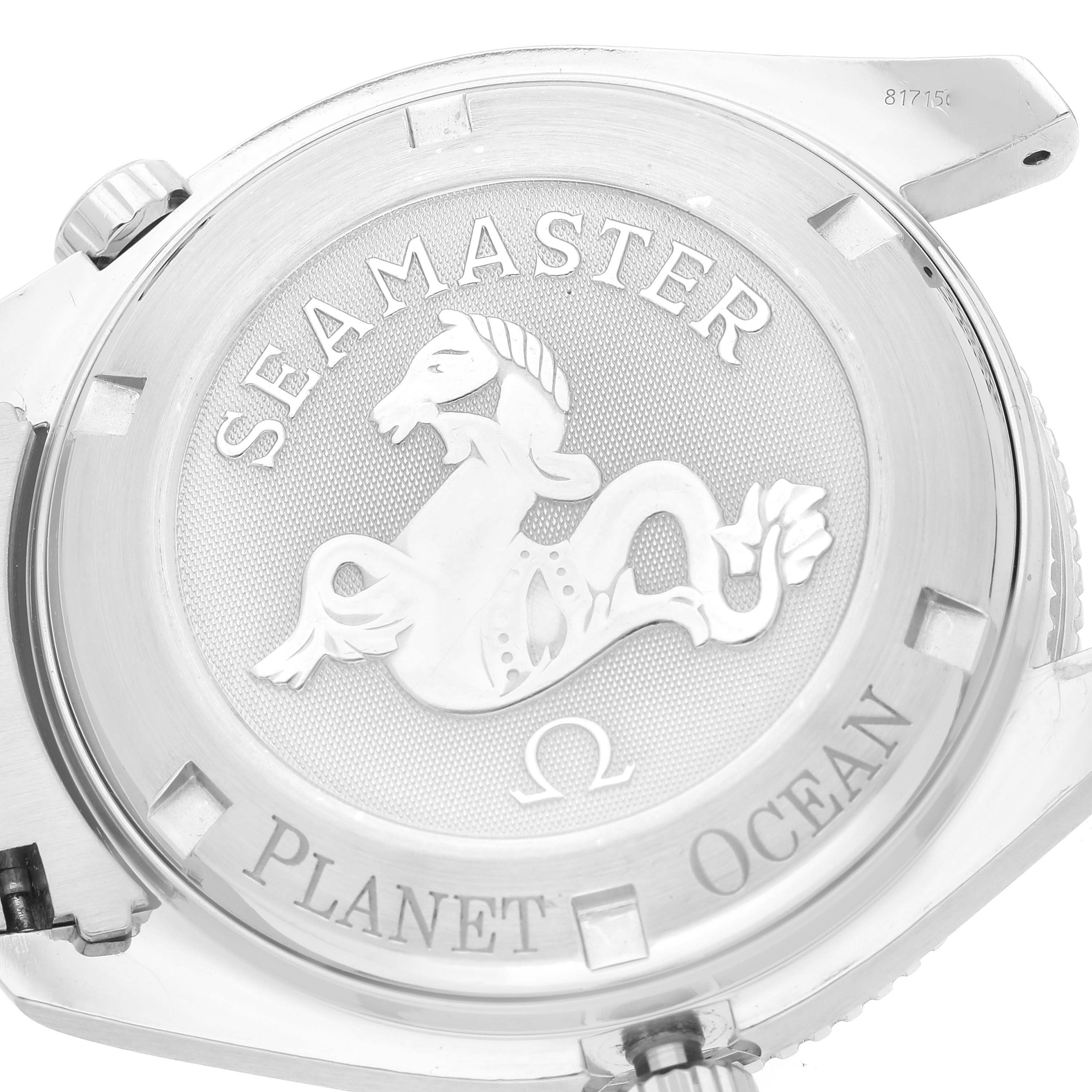The image shows the case back of an Omega Seamaster Planet Ocean watch, featuring the brand
s signature hippocampus engraving.