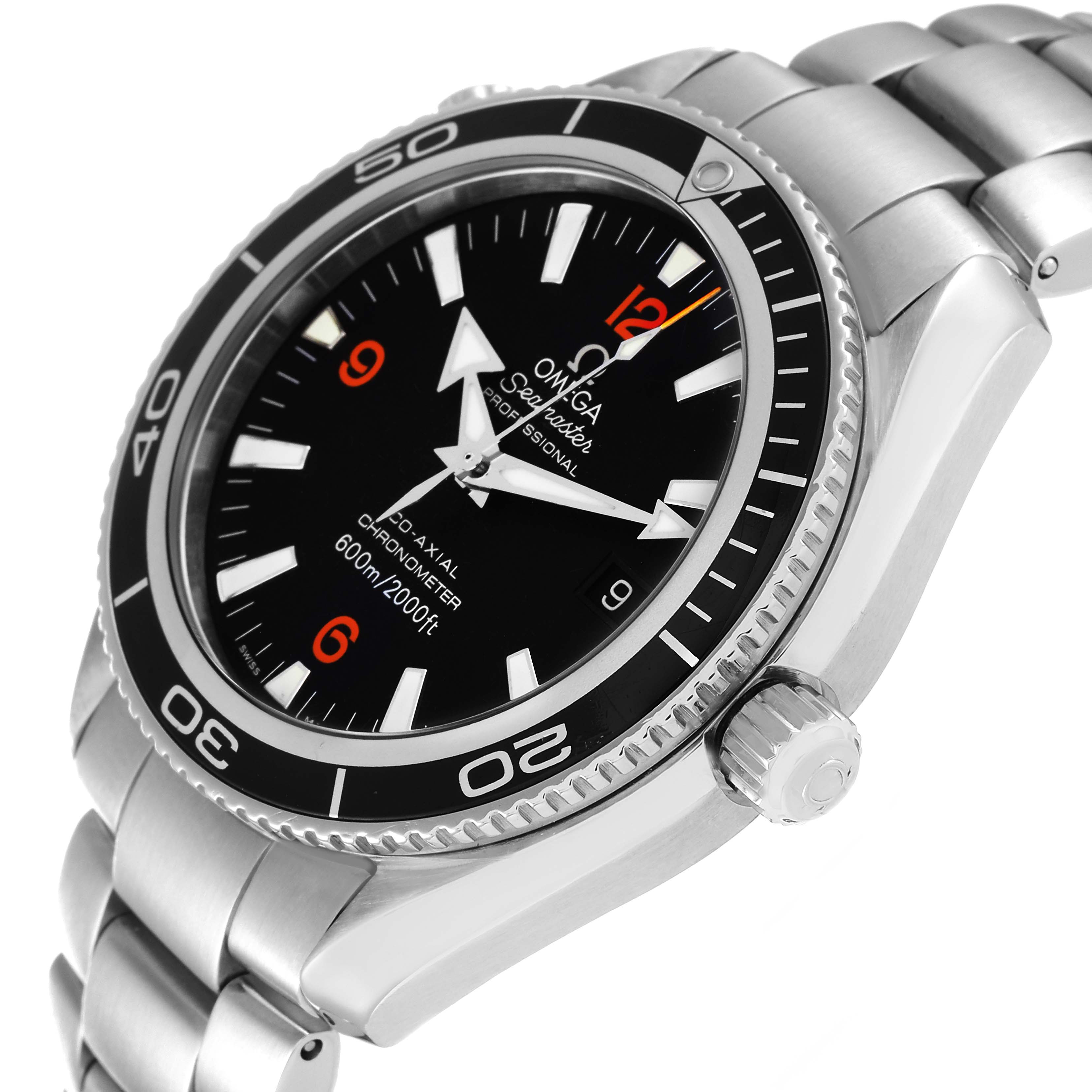 The image shows an angled view of an Omega Planet Ocean 2201.51.00 Men
s Stainless Steel Black Dial 2201.51.00 Men
s Stainless Steel Black Dial watch, showcasing the dial, bezel, crown, and part of the bracelet.
