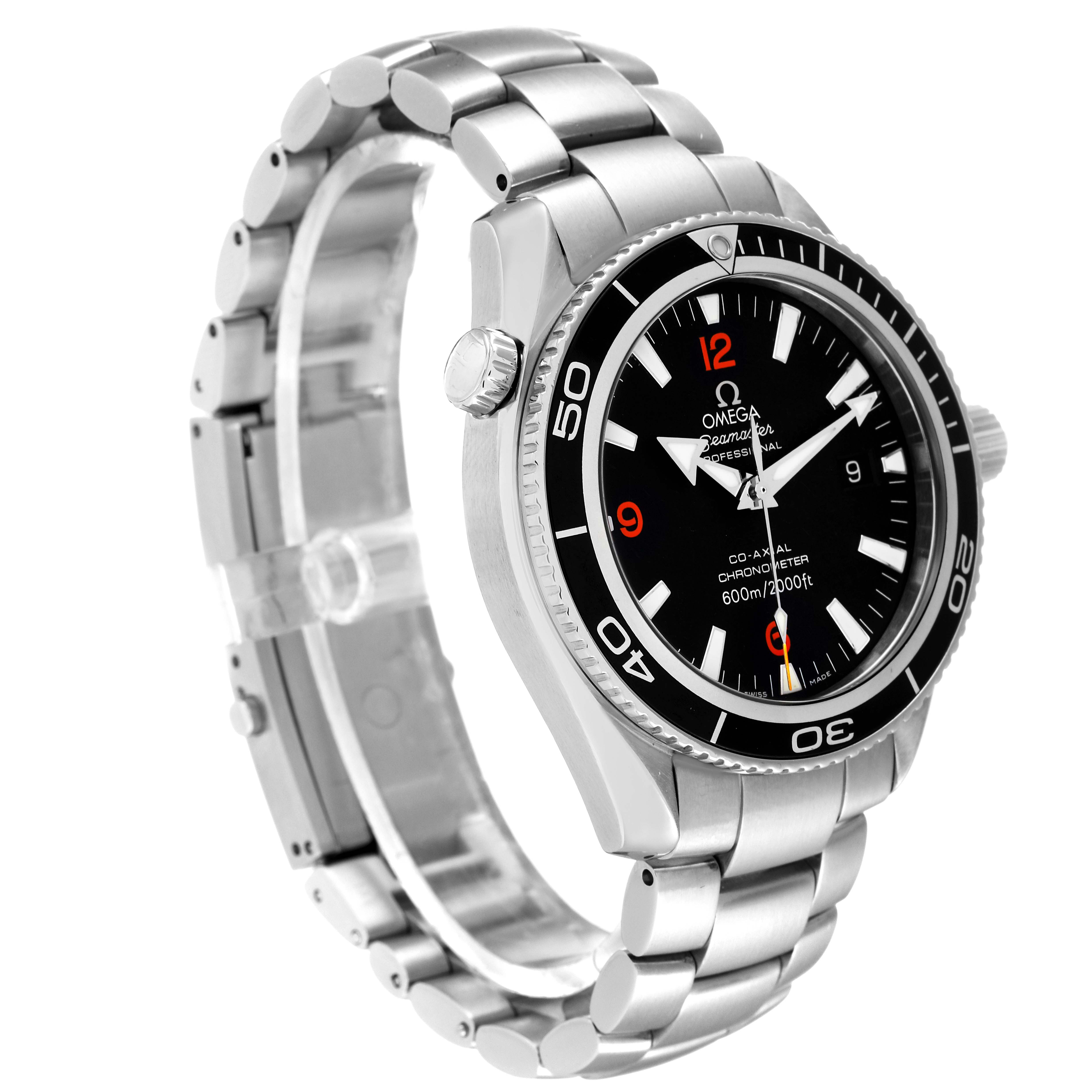 The image shows a side angle of the Omega Planet Ocean 2201.51.00 Men
s Stainless Steel Black Dial 2201.51.00 Men
s Stainless Steel Black Dial watch, displaying the bezel, crown, dial, and metal bracelet.
