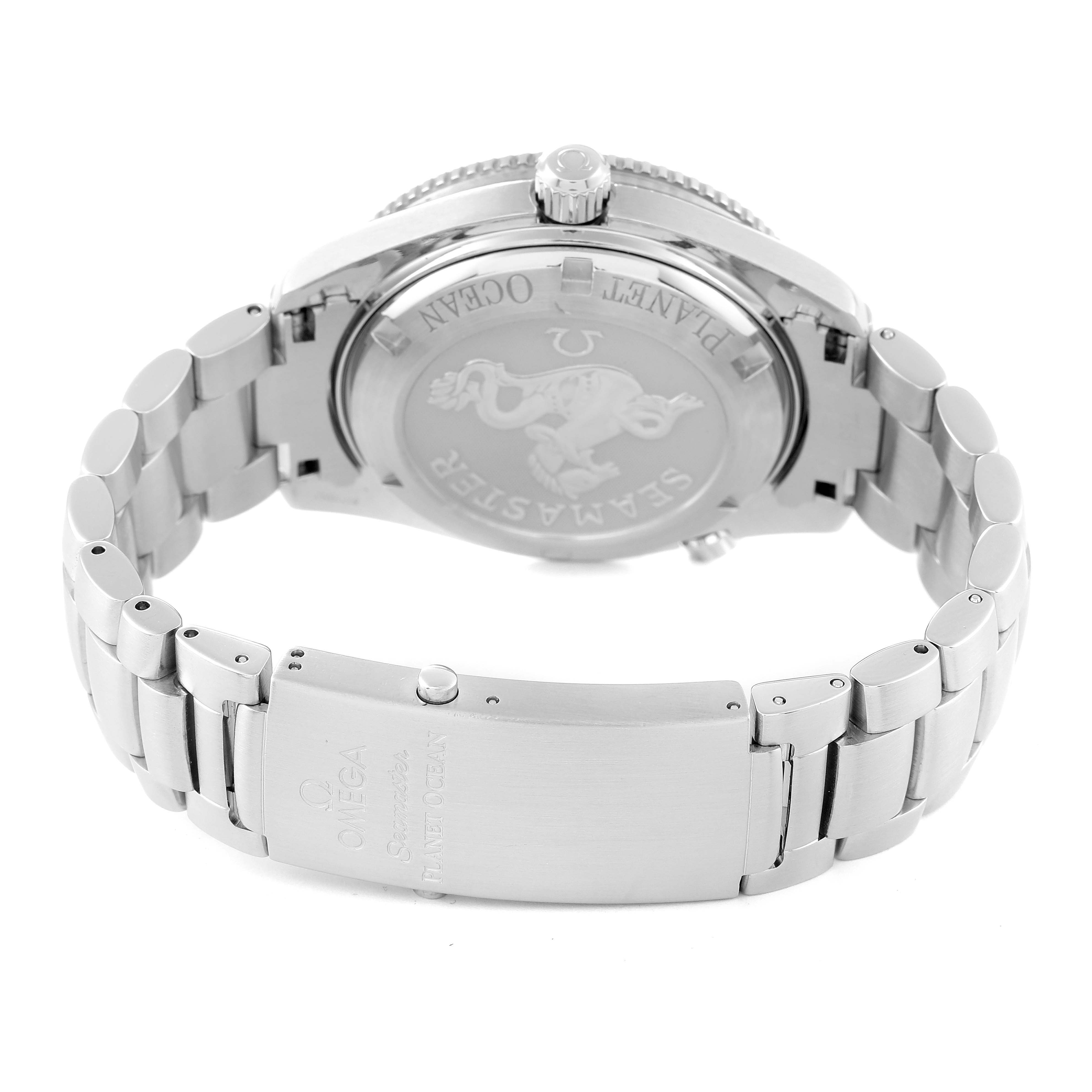 The image shows the back case and bracelet of the Omega Planet Ocean 2201.51.00 Men
s Stainless Steel Black Dial 2201.51.00 Men
s Stainless Steel Black Dial watch, highlighting the clasp and case back details.