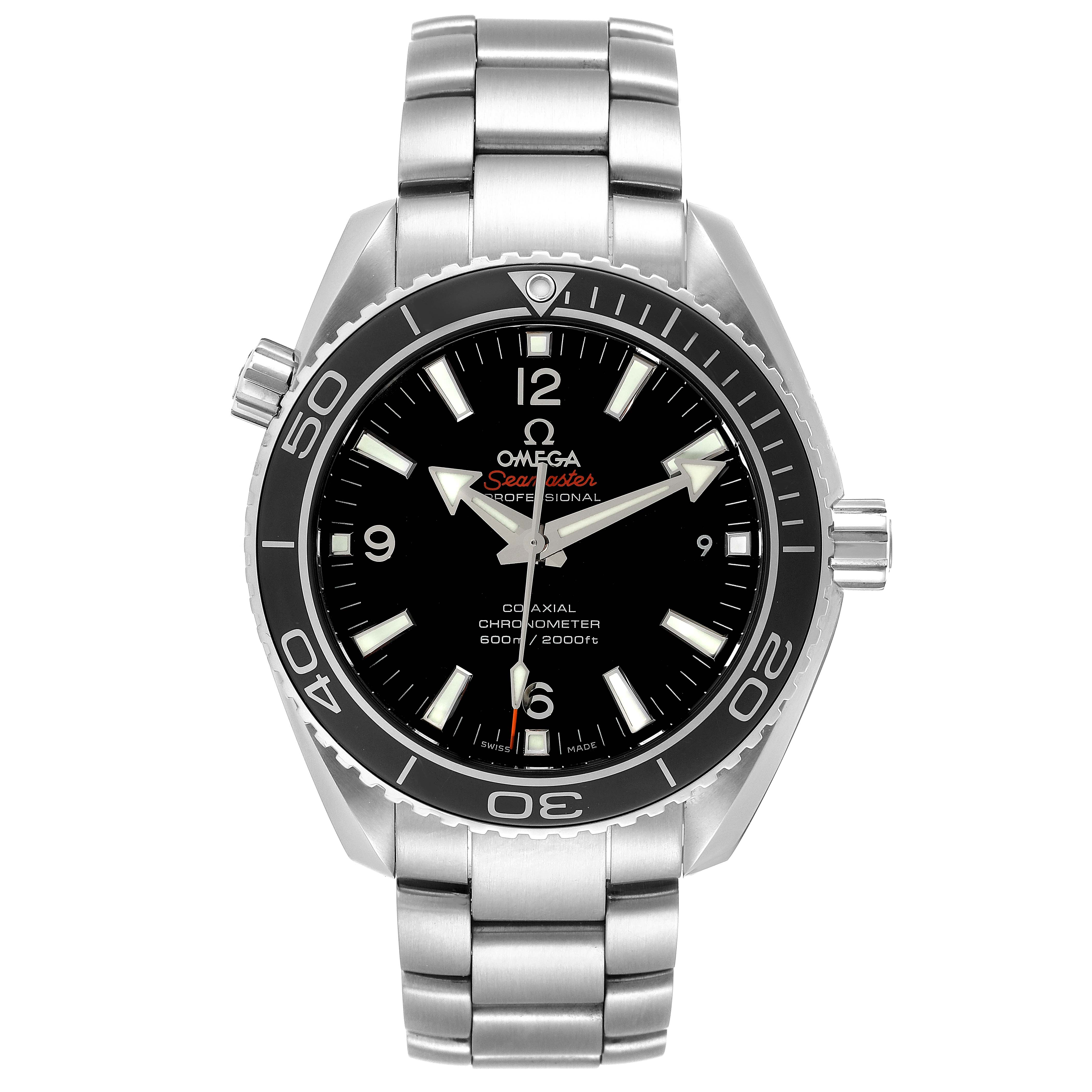 This image shows a front view of an Omega Planet Ocean 232.30.42.21.01.003 Men
s Stainless Steel Black Dial 232.30.42.21.01.003 Men
s Stainless Steel Black Dial watch, highlighting its face, bezel, and metal bracelet.