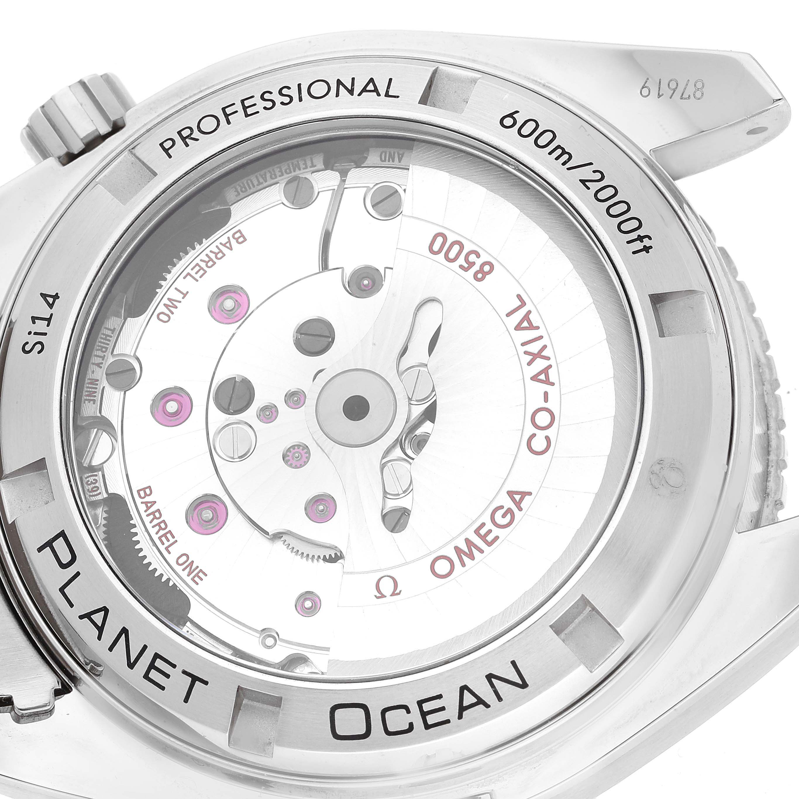 The image shows the back of the Omega Planet Ocean 232.30.42.21.01.003 Men
s Stainless Steel Black Dial 232.30.42.21.01.003 Men
s Stainless Steel Black Dial watch, highlighting the inner mechanisms and co-axial movement.