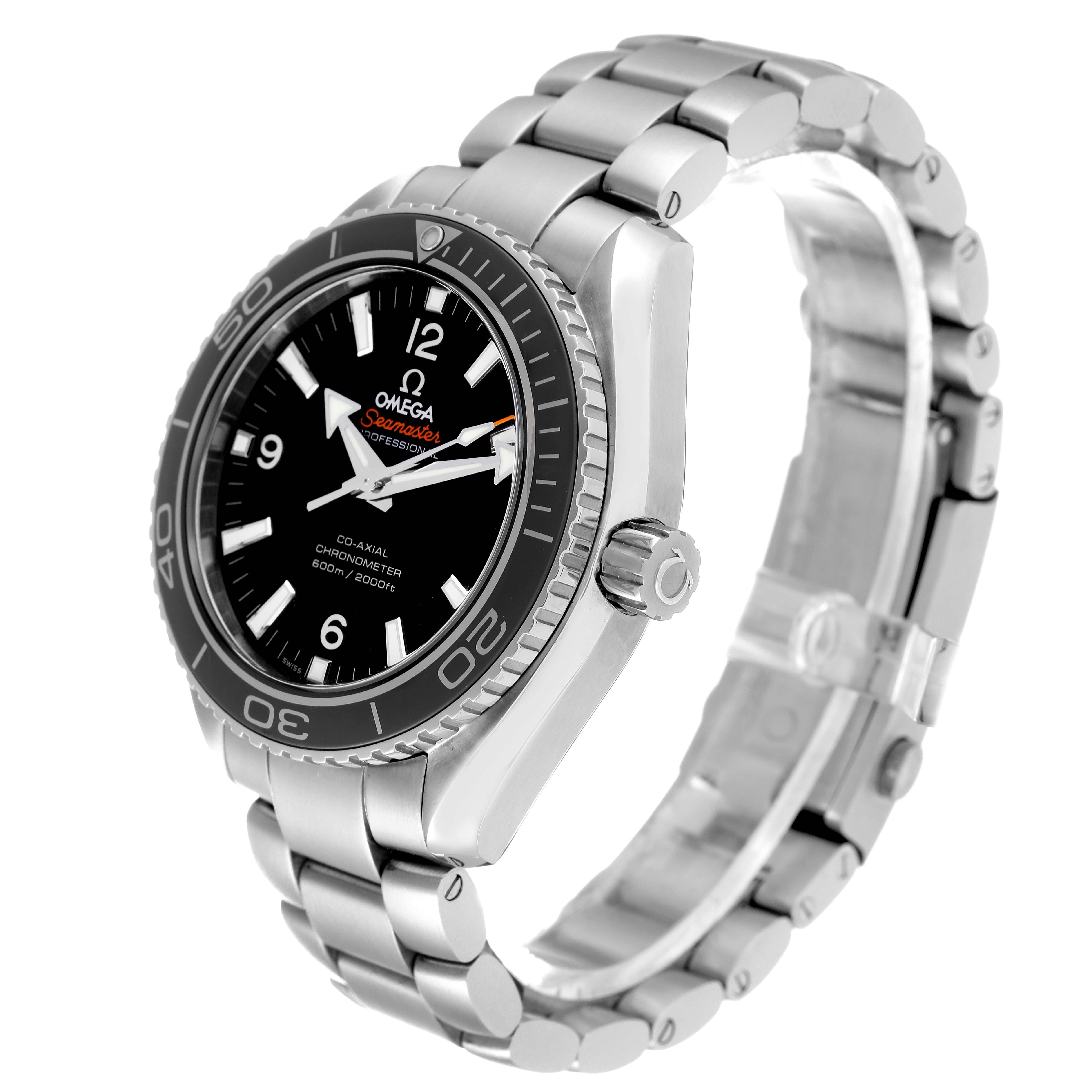 The Omega Planet Ocean 232.30.42.21.01.003 Men
s Stainless Steel Black Dial 232.30.42.21.01.003 Men
s Stainless Steel Black Dial watch is shown in a three-quarter angle, displaying its face, bezel, crown, and metal bracelet.