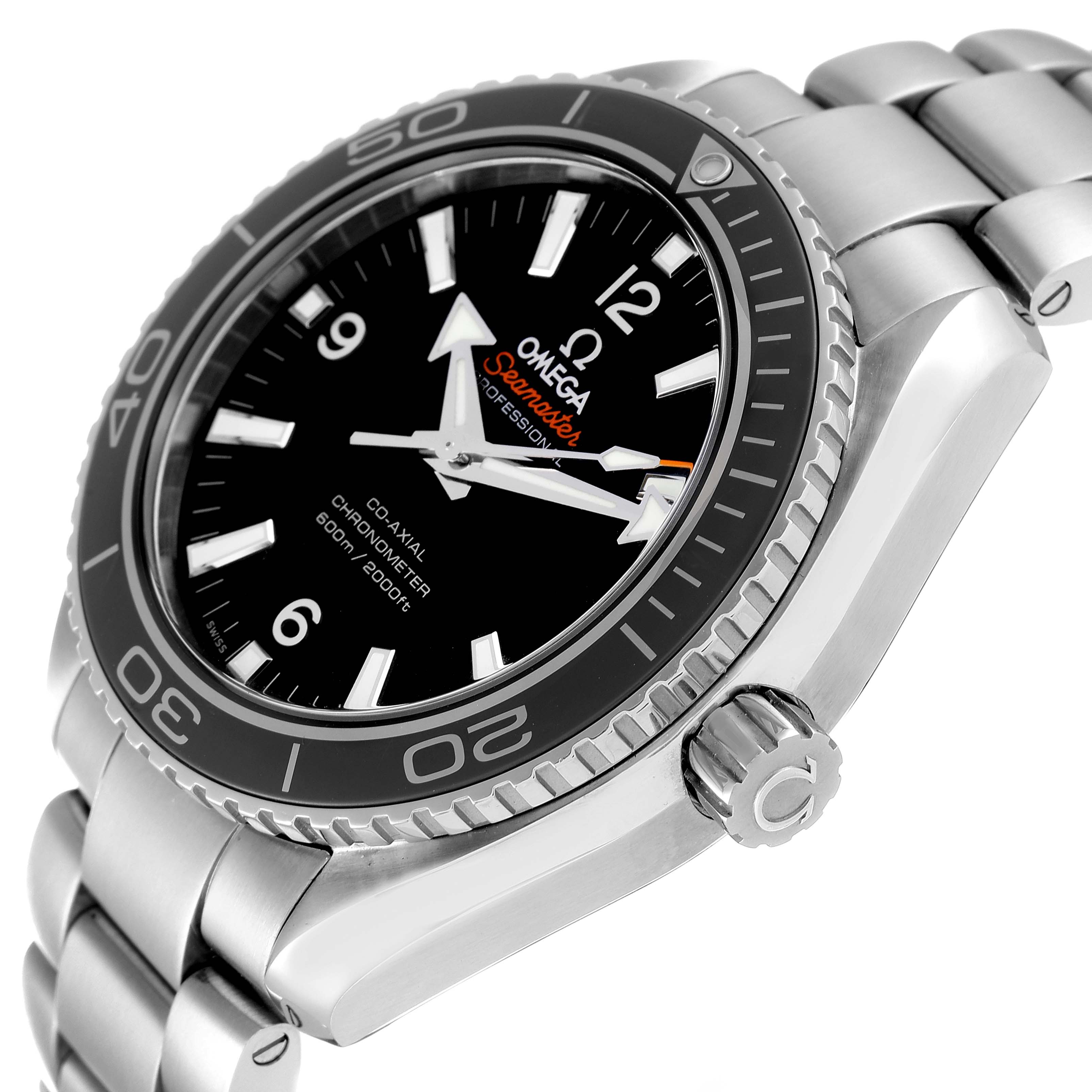 The image shows a side angle of the Omega Planet Ocean 232.30.42.21.01.003 Men
s Stainless Steel Black Dial 232.30.42.21.01.003 Men
s Stainless Steel Black Dial watch, highlighting the crown, bezel, and bracelet.