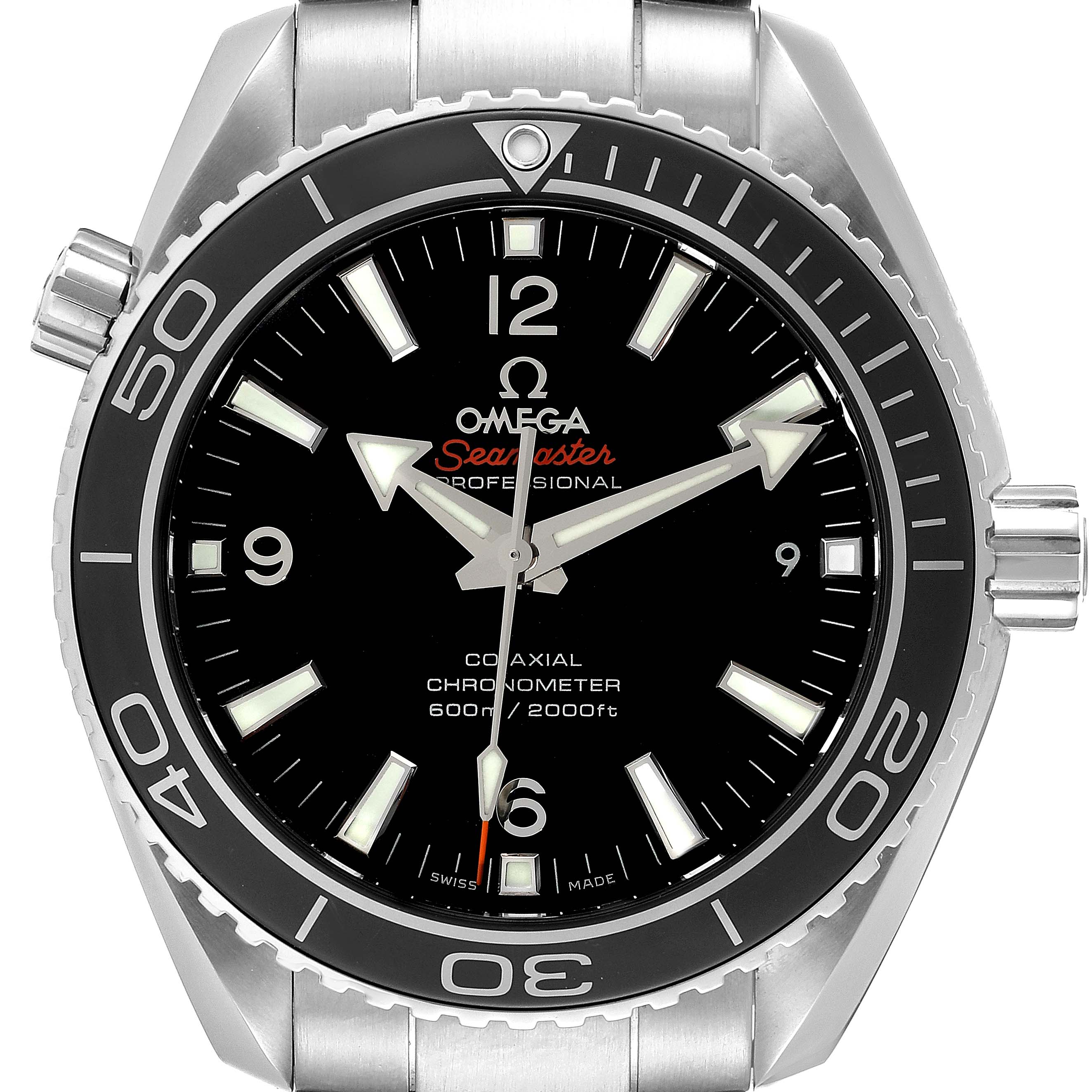 The image shows a front view of the Omega Seamaster Planet Ocean watch, displaying its bezel, dial, hands, and crown.