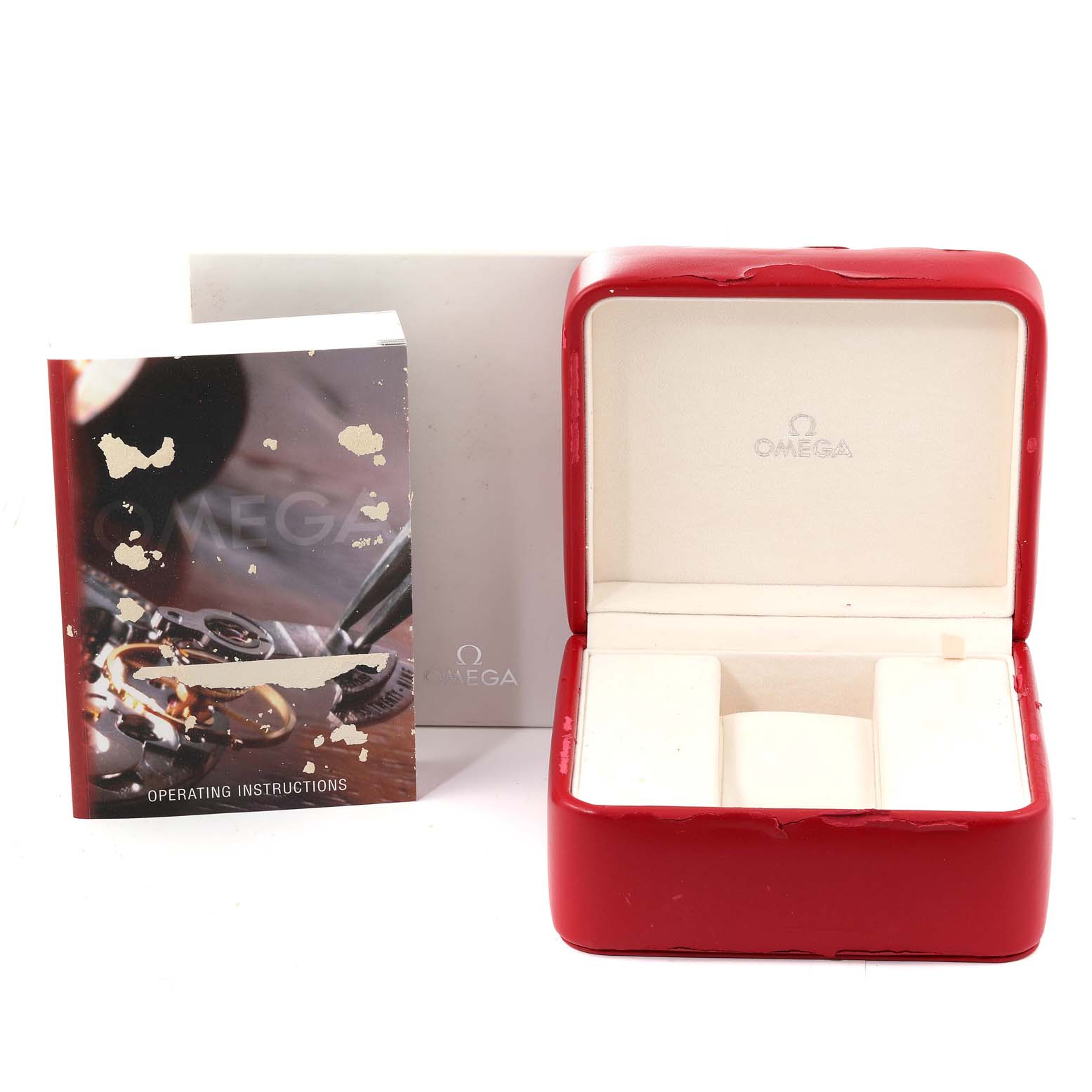 The image shows a red Omega Planet Ocean 232.30.42.21.01.003 Men
s Stainless Steel Black Dial 232.30.42.21.01.003 Men
s Stainless Steel Black Dial watch box, an open operating instructions booklet, and a white outer box.