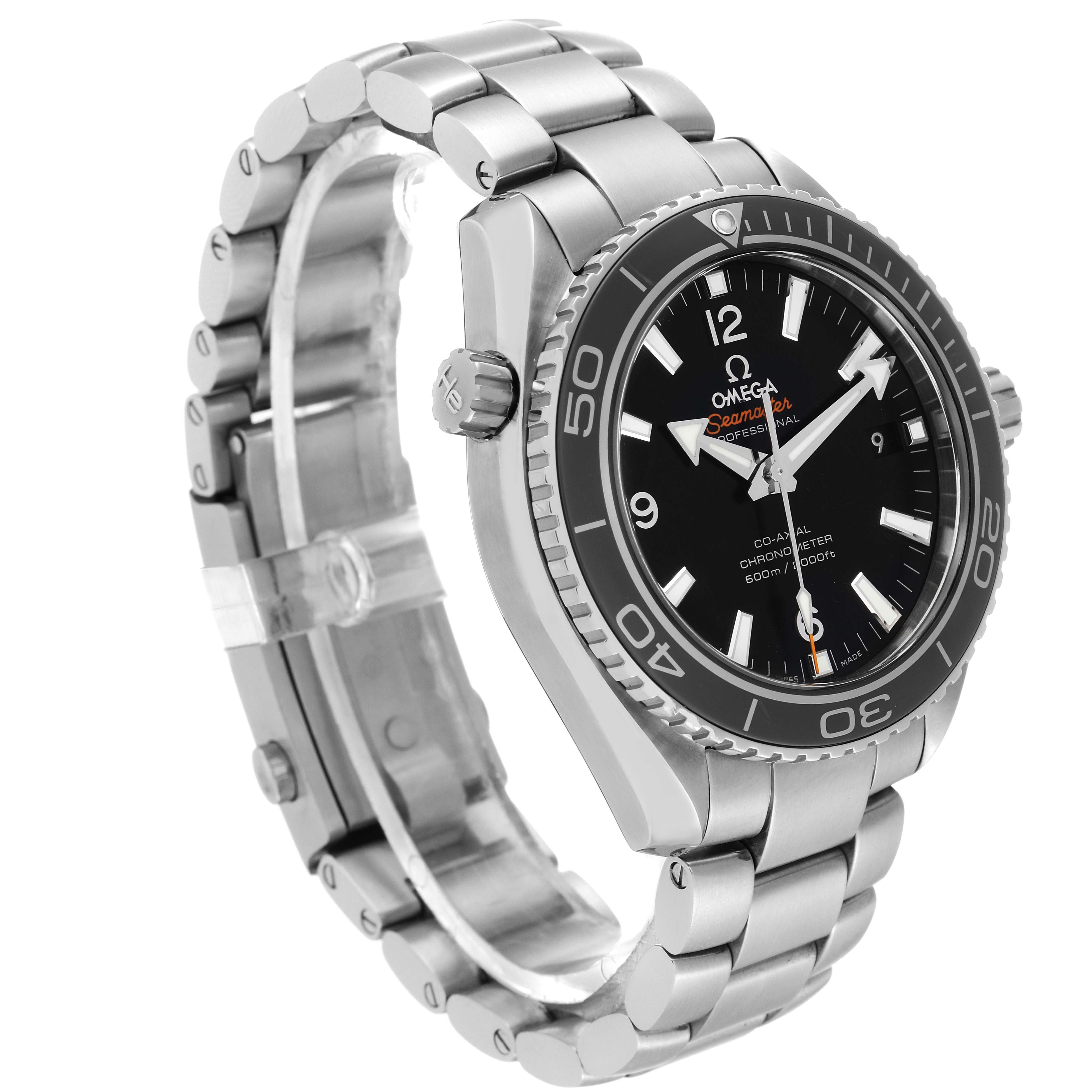 The image shows an angled view of the Omega Planet Ocean 232.30.42.21.01.003 Men
s Stainless Steel Black Dial 232.30.42.21.01.003 Men
s Stainless Steel Black Dial watch, highlighting the face, bezel, and bracelet.