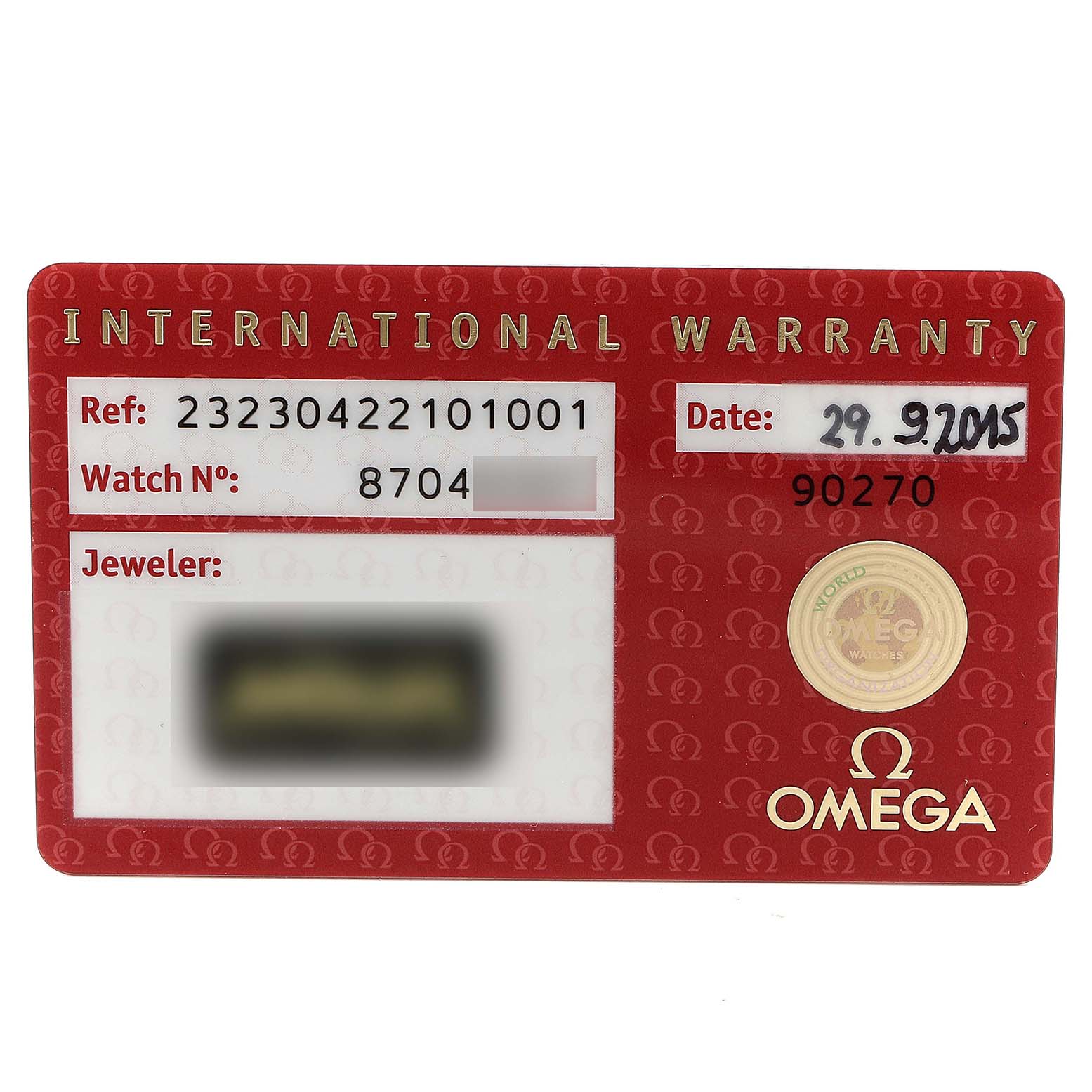 This image shows the international warranty card for the Omega Planet Ocean 232.30.42.21.01.003 Men's Stainless Steel Black Dial 232.30.42.21.01.003 Men's Stainless Steel Black Dial model watch.