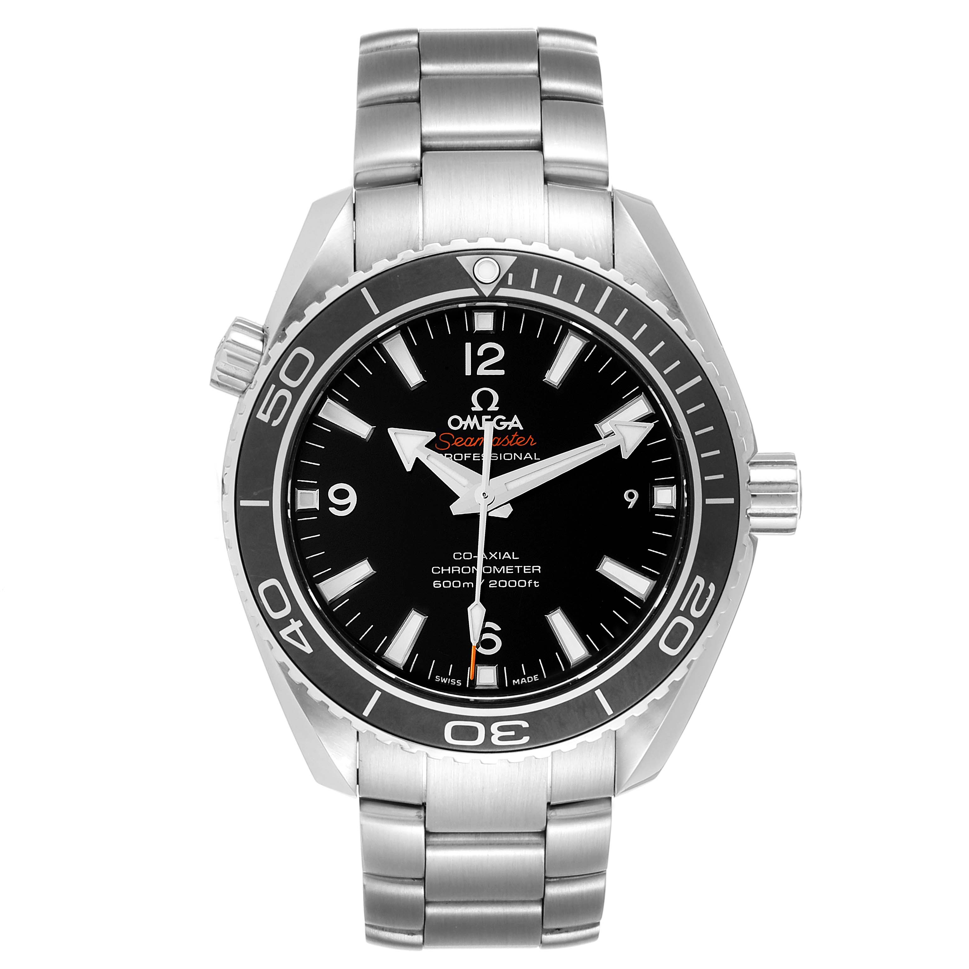 The image shows a front view of the Omega Planet Ocean 232.30.42.21.01.003 Men's Stainless Steel Black Dial 232.30.42.21.01.003 Men's Stainless Steel Black Dial watch, displaying the face, bezel, crown, and part of the metal bracelet.