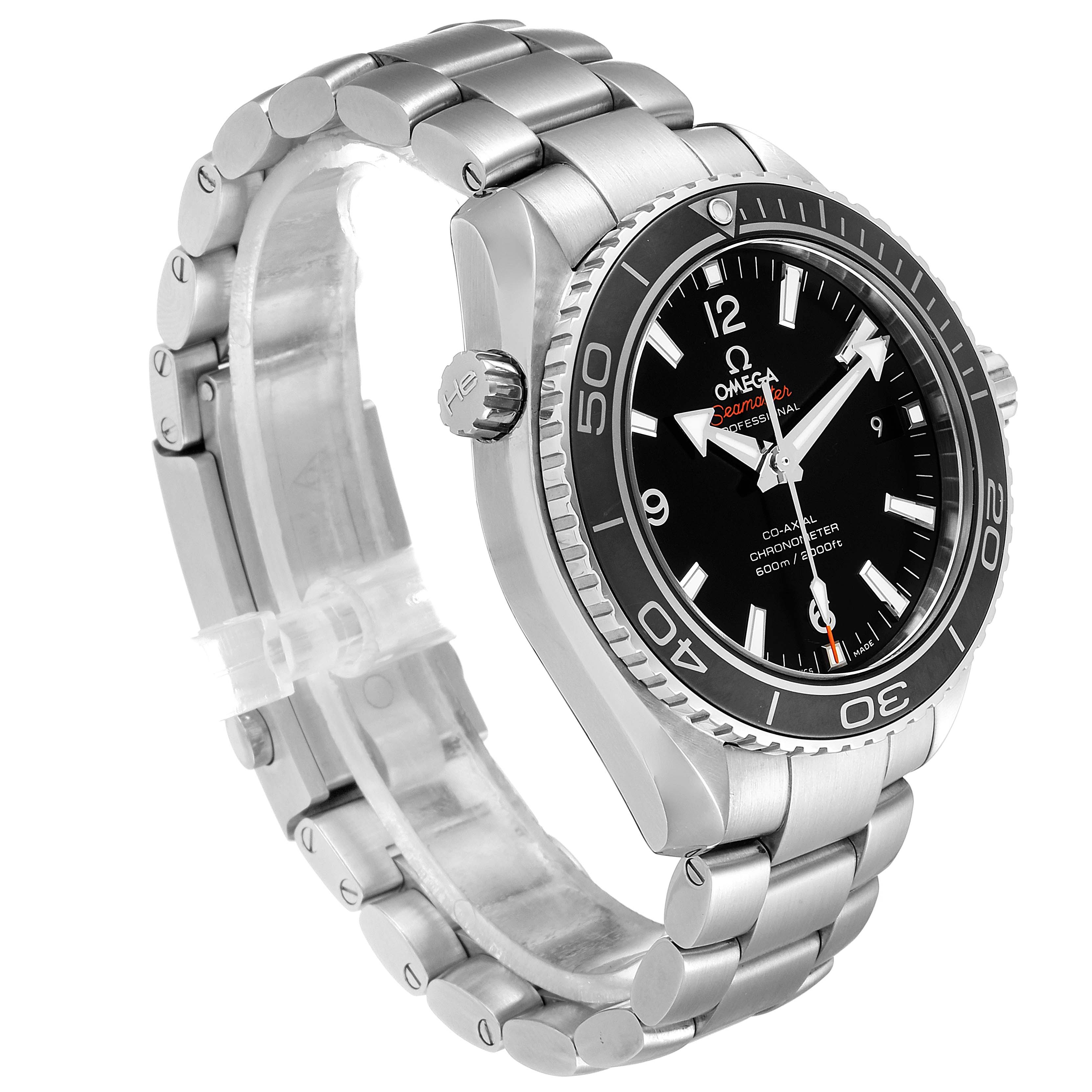 The Omega Planet Ocean 232.30.42.21.01.003 Men's Stainless Steel Black Dial 232.30.42.21.01.003 Men's Stainless Steel Black Dial watch is shown at a three-quarter angle, highlighting its face, bezel, crown, and bracelet.