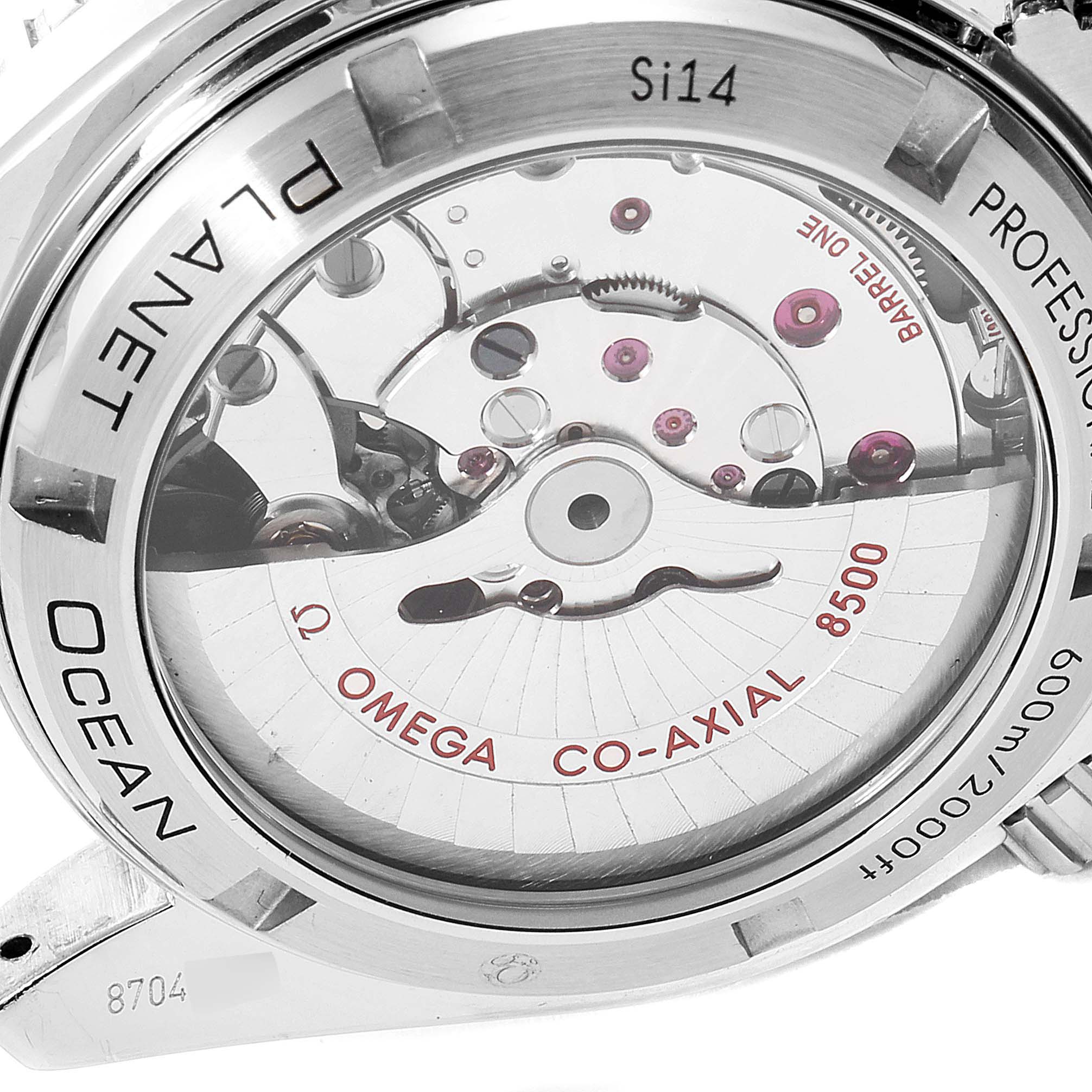 The image shows the back view of the Omega Planet Ocean 232.30.42.21.01.003 Men's Stainless Steel Black Dial 232.30.42.21.01.003 Men's Stainless Steel Black Dial watch, highlighting its internal mechanism and "OMEGA CO-AXIAL 8500" inscriptions.