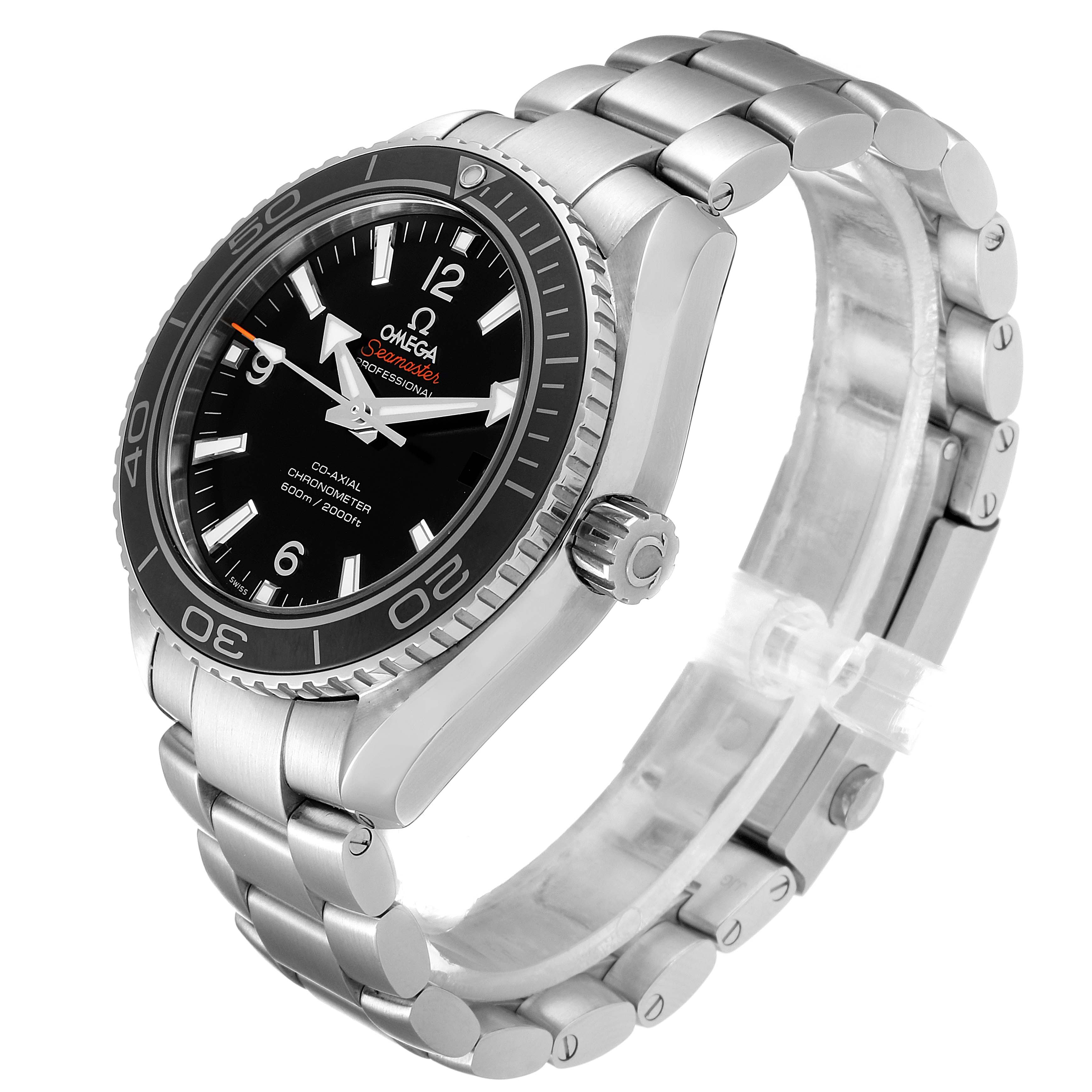 The Omega Planet Ocean 232.30.42.21.01.003 Men's Stainless Steel Black Dial 232.30.42.21.01.003 Men's Stainless Steel Black Dial watch is shown from an angled front view, highlighting its dial, bezel, case, crown, and metal bracelet.