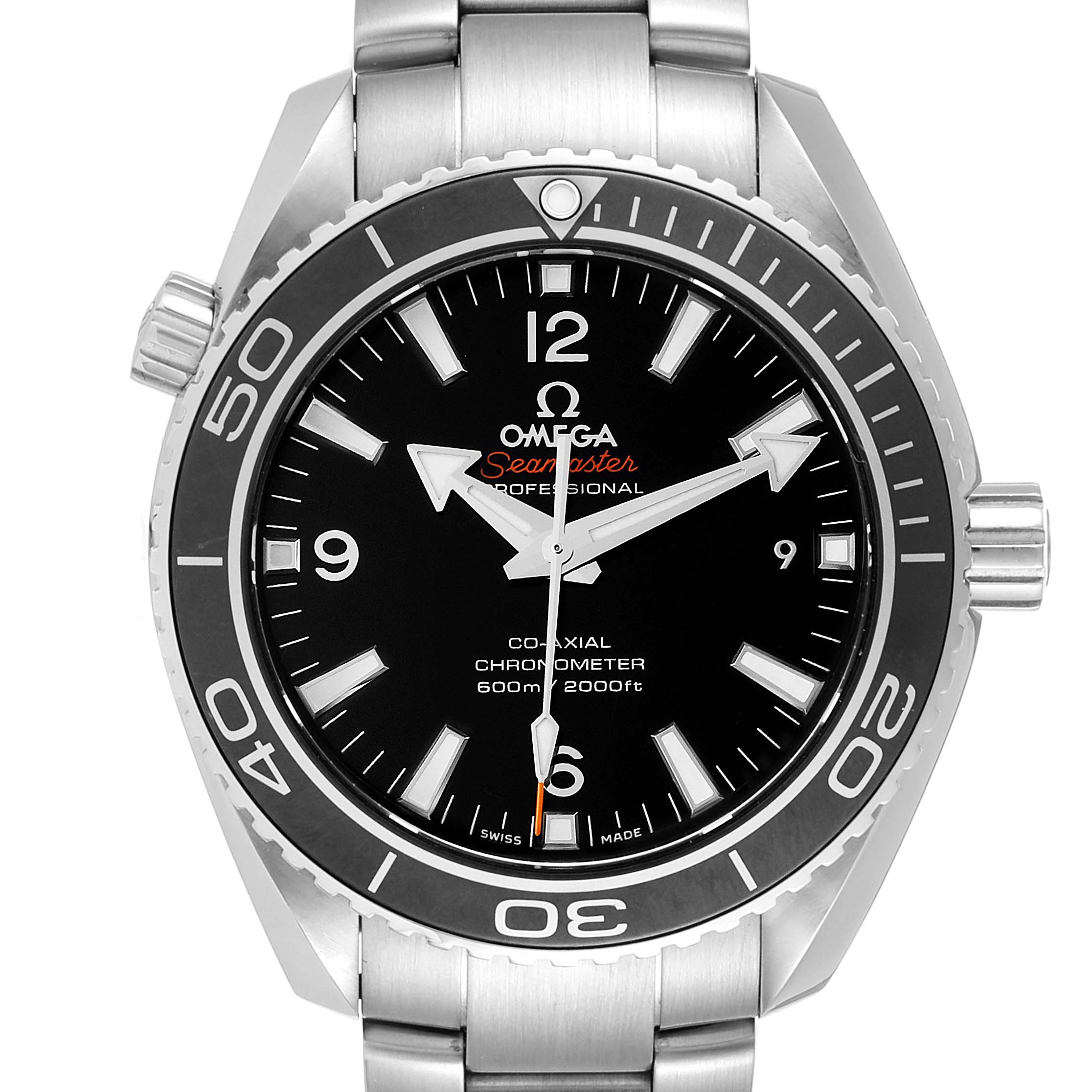 The image shows a front view of an Omega Planet Ocean 232.30.42.21.01.003 Men's Stainless Steel Black Dial 232.30.42.21.01.003 Men's Stainless Steel Black Dial model watch, displaying its bezel, dial, markers, and bracelet.