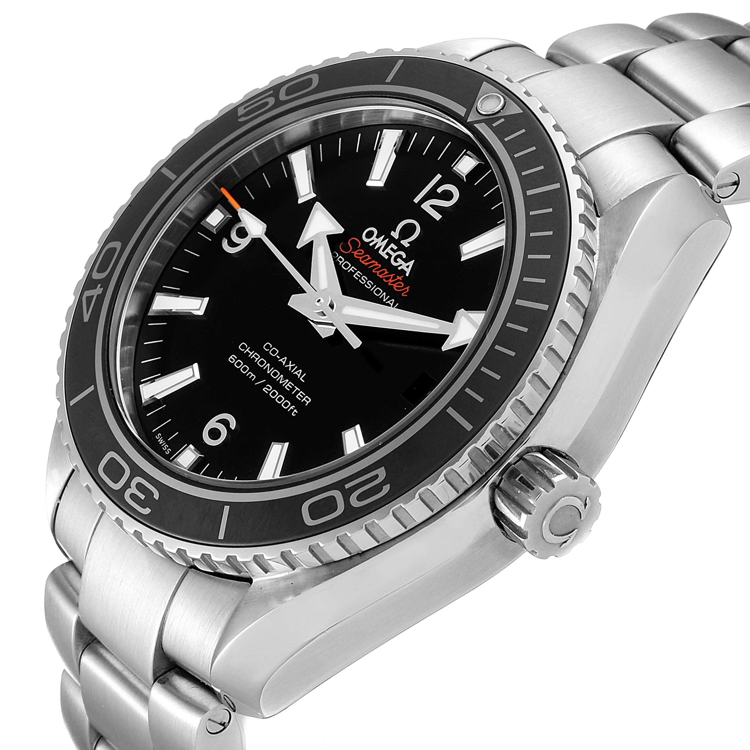 This image shows a side perspective of an Omega Planet Ocean 232.30.42.21.01.003 Men's Stainless Steel Black Dial 232.30.42.21.01.003 Men's Stainless Steel Black Dial watch, displaying the dial, bezel, crown, and part of the bracelet.