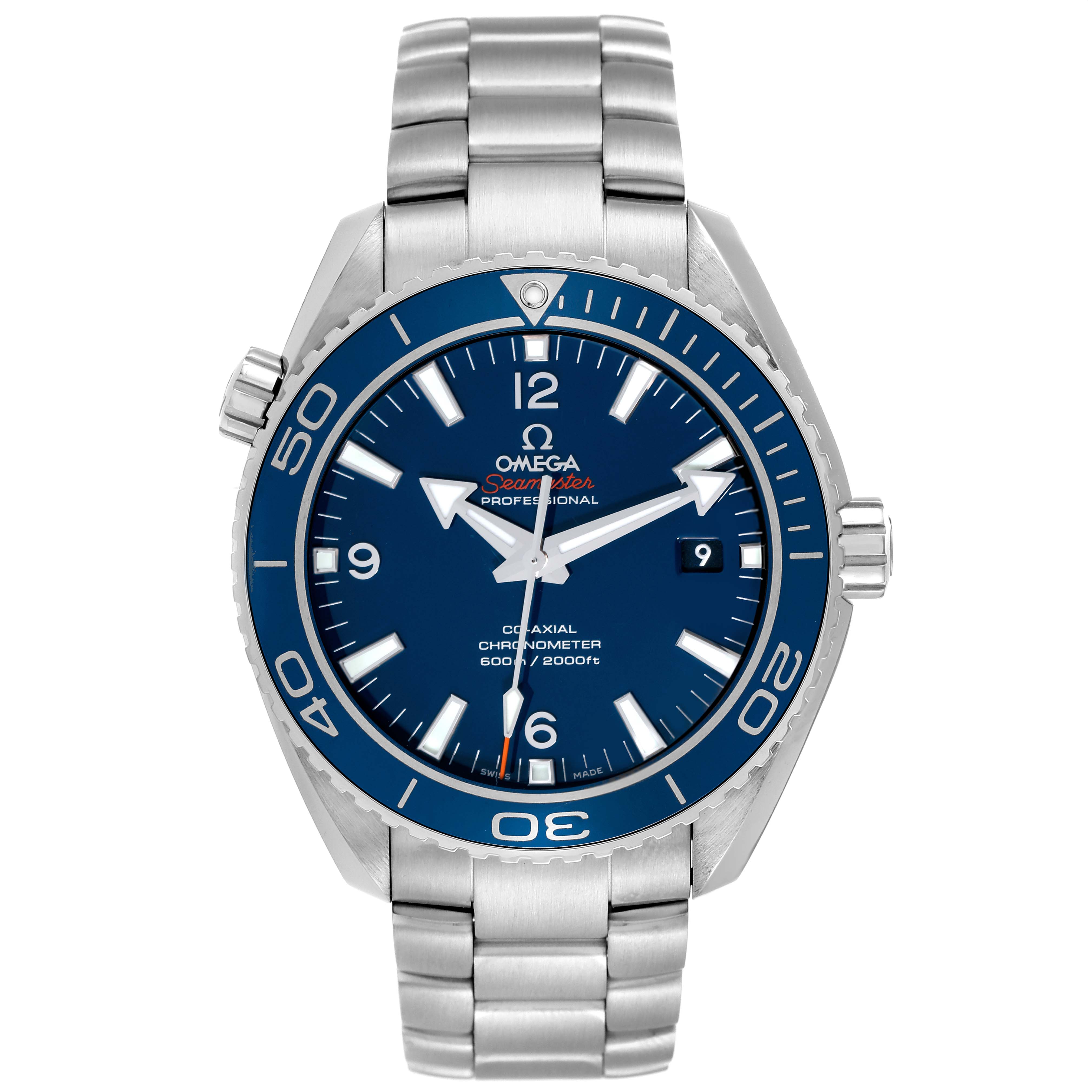 The image shows a front view of the Omega Planet Ocean 232.90.46.21.03.001 Men's Titanium Blue Dial 232.90.46.21.03.001 Men's Titanium Blue Dial watch, featuring its dial, bezel, and bracelet.