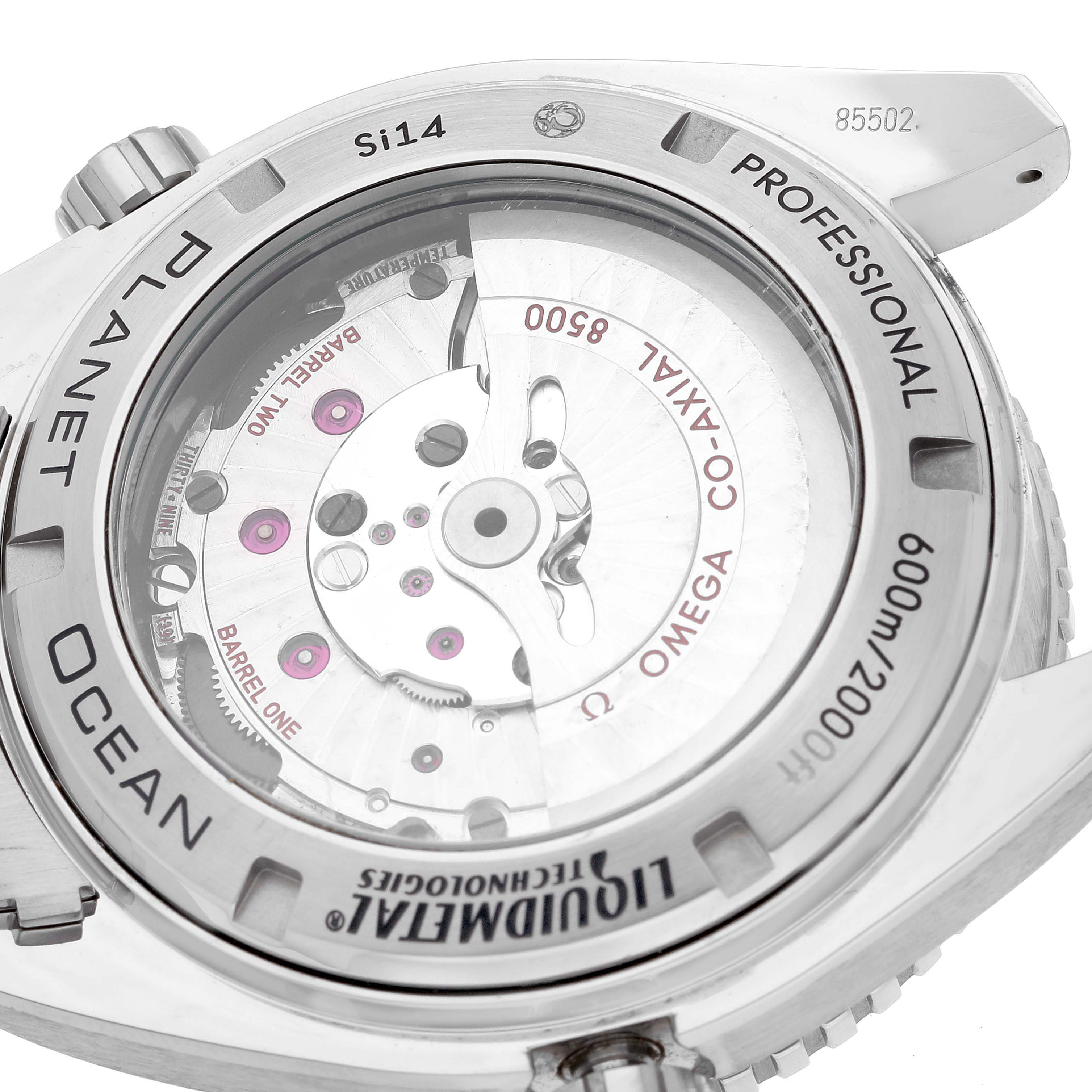 The image shows the back view of the Omega Planet Ocean 232.90.46.21.03.001 Men's Titanium Blue Dial 232.90.46.21.03.001 Men's Titanium Blue Dial watch, highlighting the movement and inscribed details.