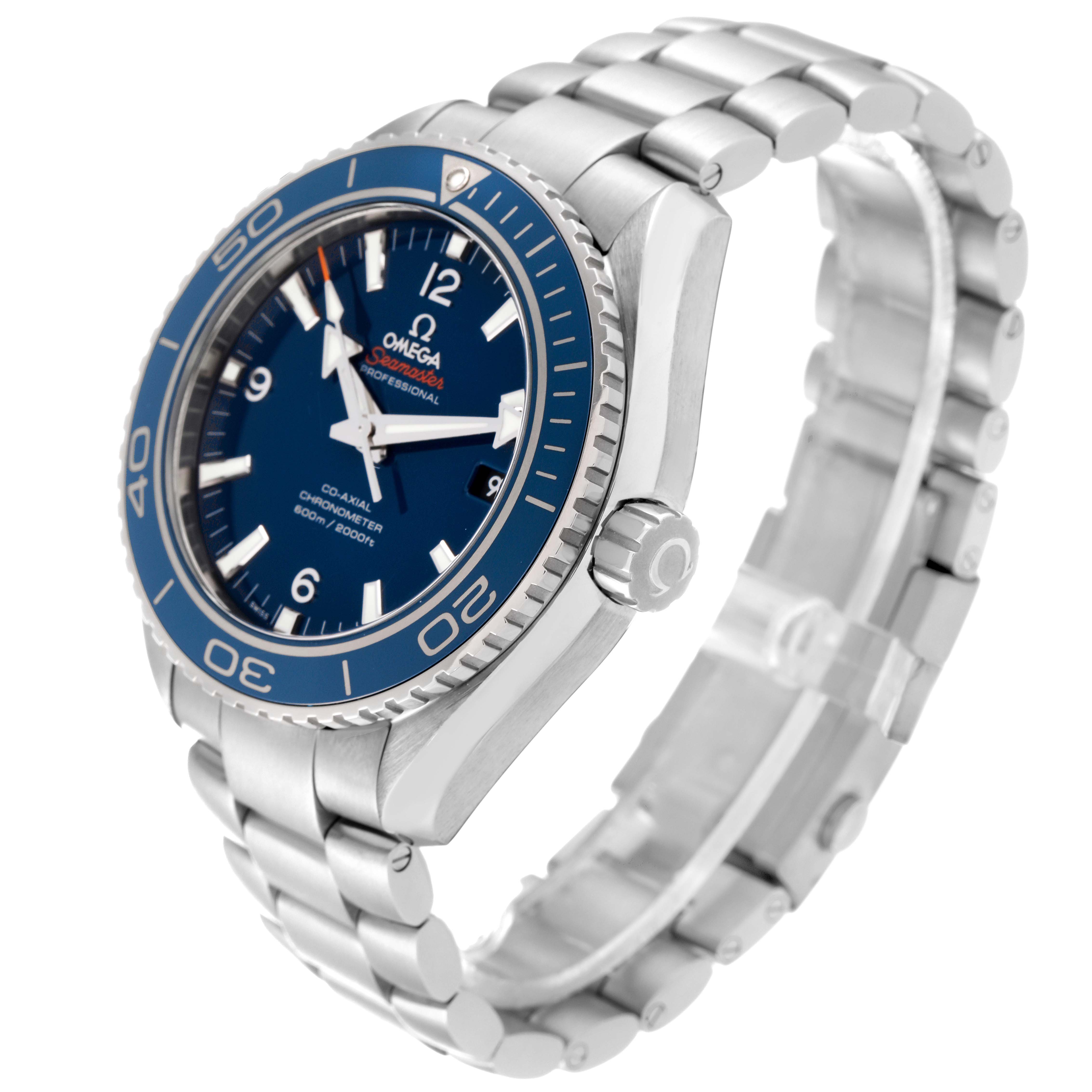 The Omega Planet Ocean 232.90.46.21.03.001 Men's Titanium Blue Dial 232.90.46.21.03.001 Men's Titanium Blue Dial watch is shown at a three-quarter angle, highlighting its blue dial, bezel, crown, and metal bracelet.