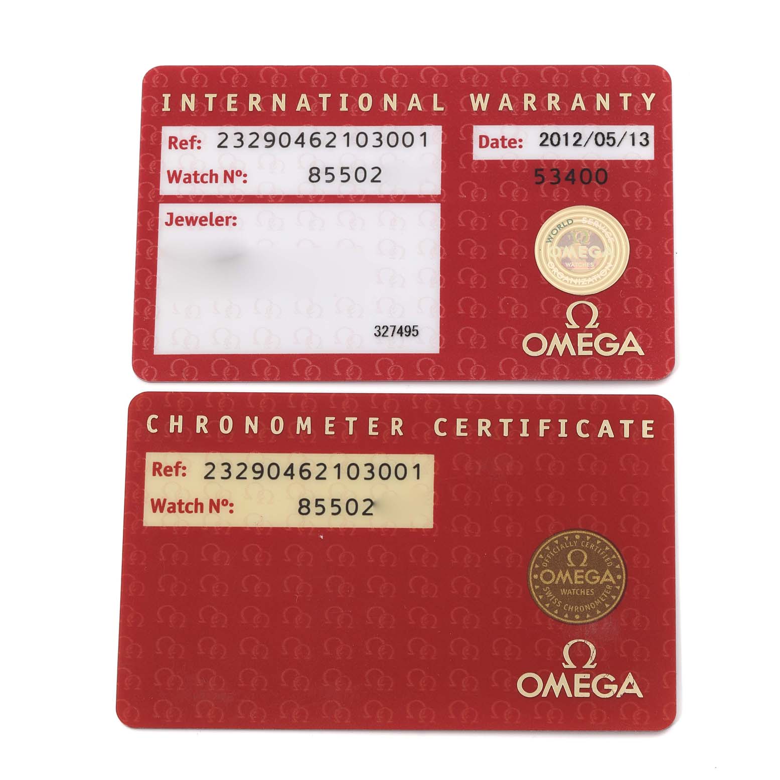 This image shows the international warranty and chronometer certificate cards for the Omega Planet Ocean 232.90.46.21.03.001 Men's Titanium Blue Dial 232.90.46.21.03.001 Men's Titanium Blue Dial model.