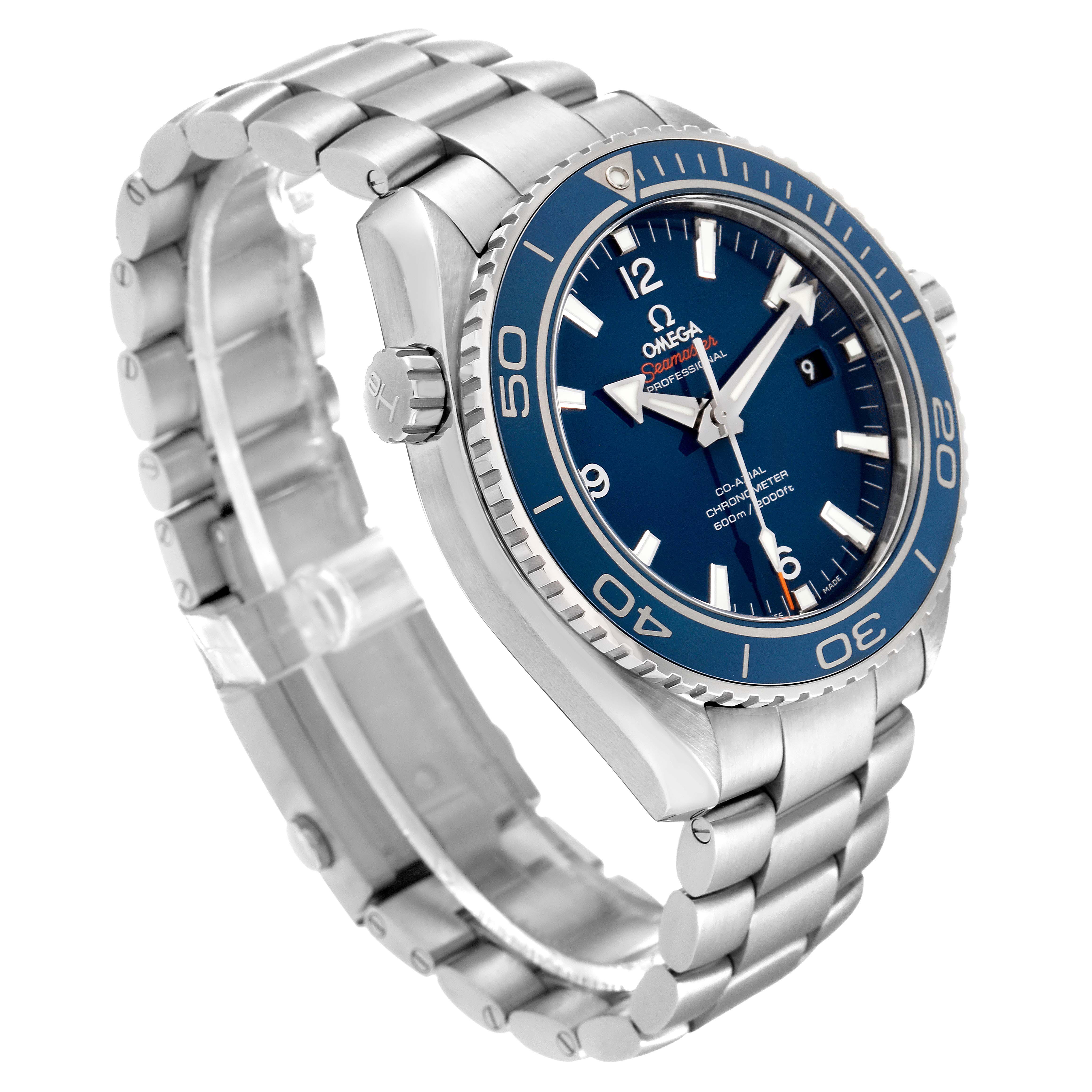The image shows an angled view of the Omega Planet Ocean 232.90.46.21.03.001 Men's Titanium Blue Dial 232.90.46.21.03.001 Men's Titanium Blue Dial watch, featuring its dial, bezel, and metal bracelet.