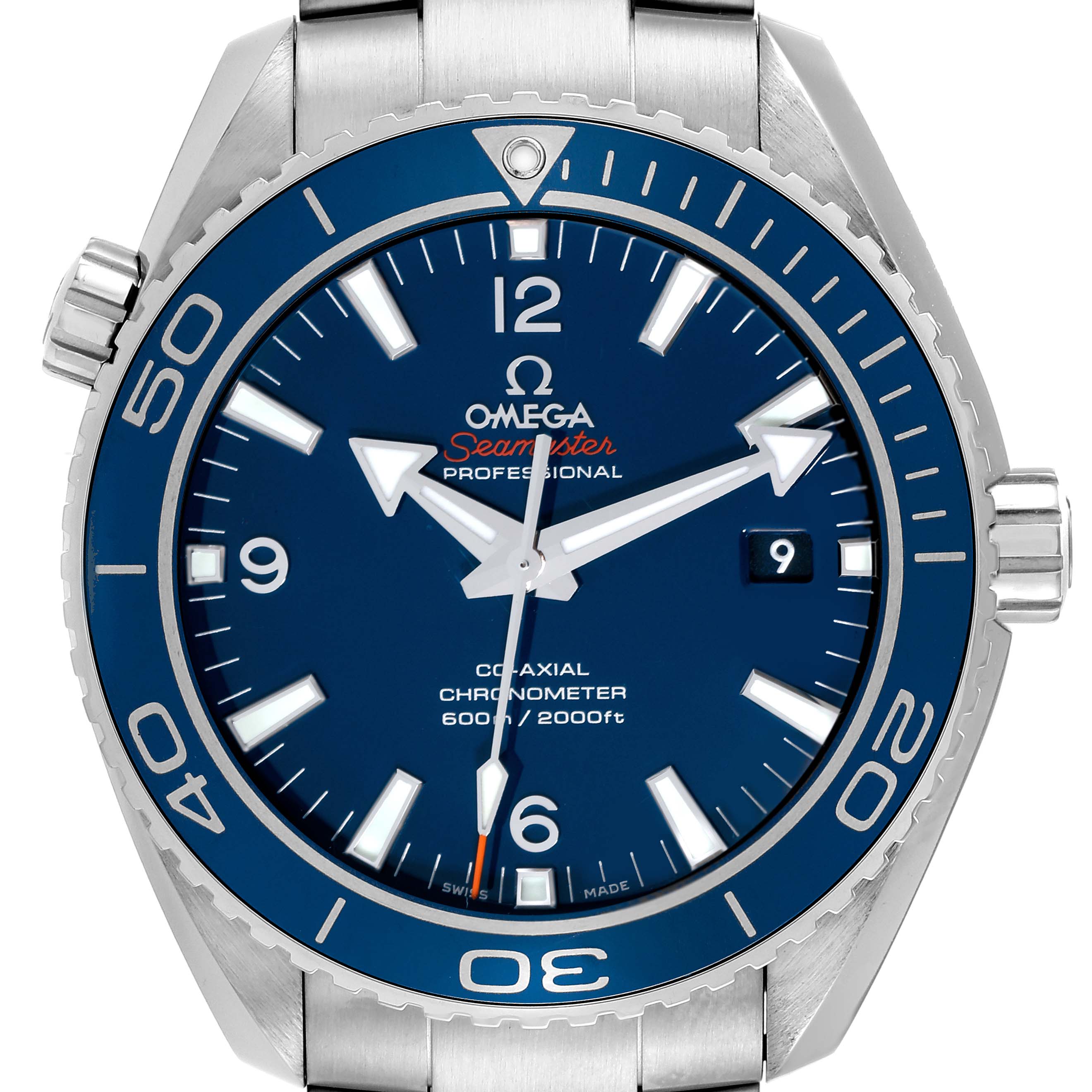 This image shows a front view of the Omega Planet Ocean 232.90.46.21.03.001 Men's Titanium Blue Dial 232.90.46.21.03.001 Men's Titanium Blue Dial Seamaster watch, highlighting its dial, bezel, and stainless steel bracelet.