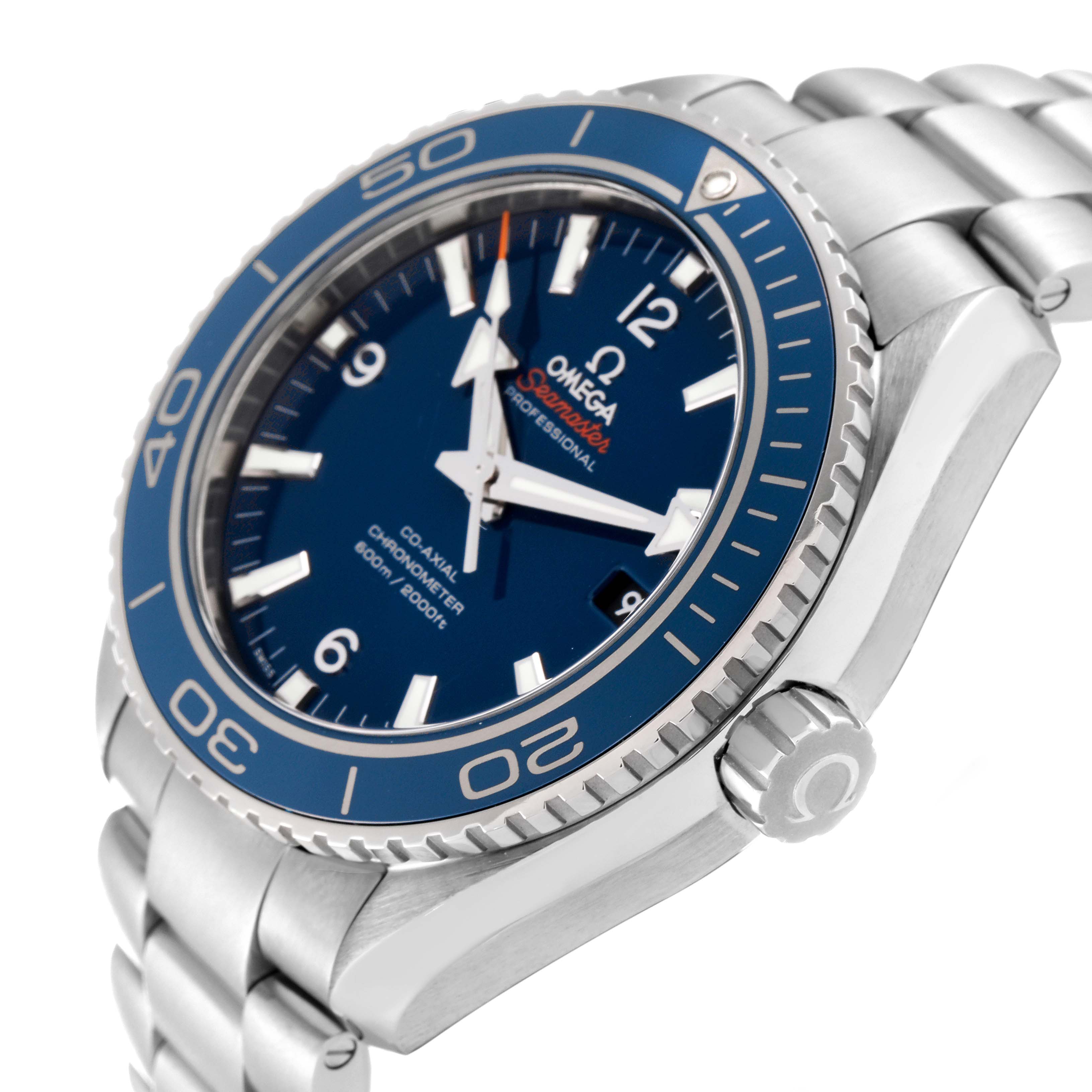 This is a close-up angled view of an Omega Planet Ocean 232.90.46.21.03.001 Men's Titanium Blue Dial 232.90.46.21.03.001 Men's Titanium Blue Dial watch, showing the face, bezel, crown, and part of the bracelet.