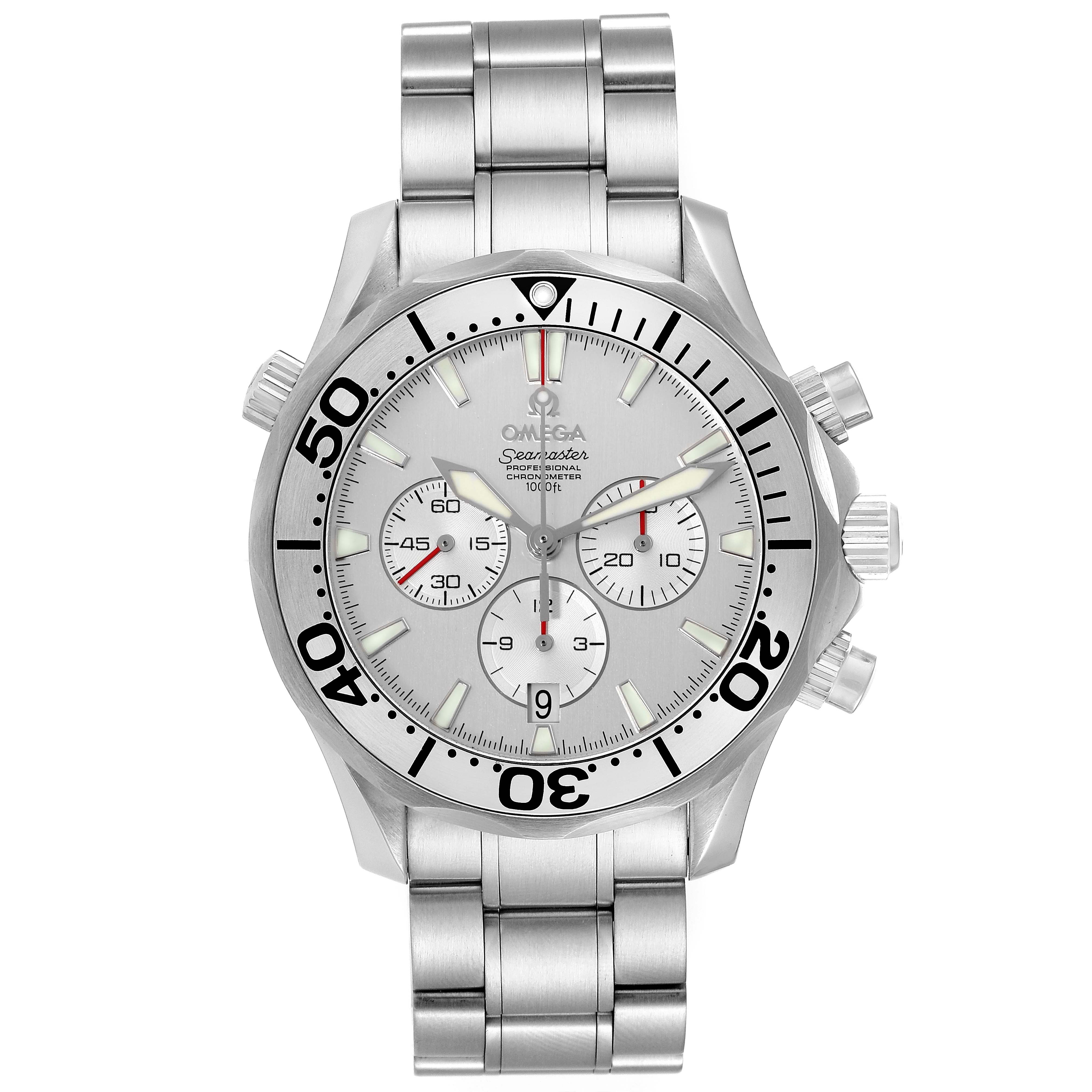 The image shows a front view of the Omega Seamaster 2589.30.00 Men
s Stainless Steel Silver Dial 2589.30.00 Men
s Stainless Steel Silver Dial watch, highlighting the dial, bezel, crown, chronograph pushers, and bracelet.