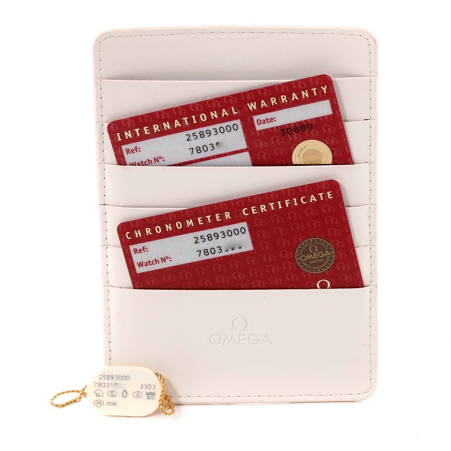 The image shows Omega Seamaster 2589.30.00 Men
s Stainless Steel Silver Dial 2589.30.00 Men
s Stainless Steel Silver Dial model warranty and chronometer certificate cards, along with a white holder and tag.