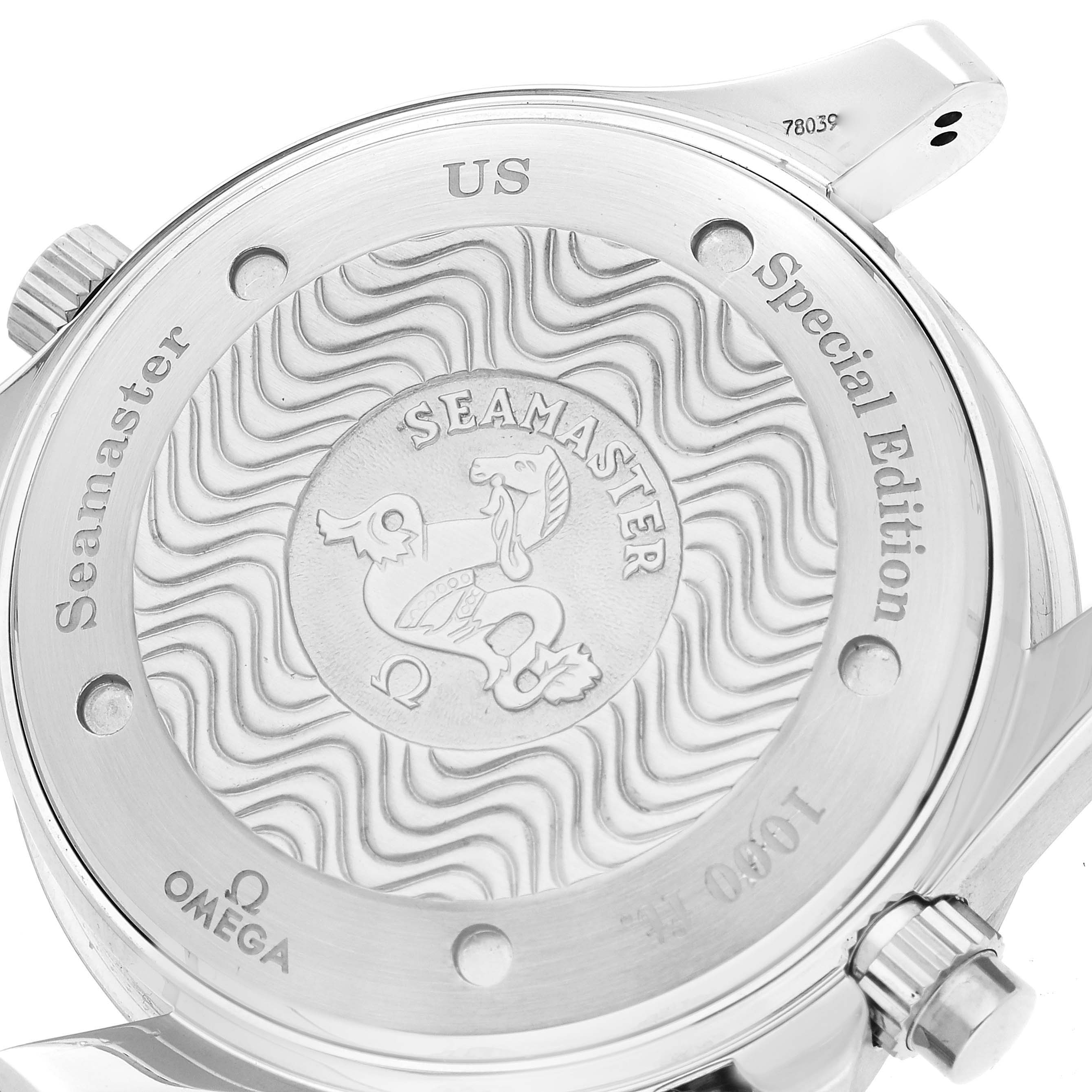 The image shows the back of an Omega Seamaster 2589.30.00 Men
s Stainless Steel Silver Dial 2589.30.00 Men
s Stainless Steel Silver Dial watch, highlighting its special edition engravings and design details.