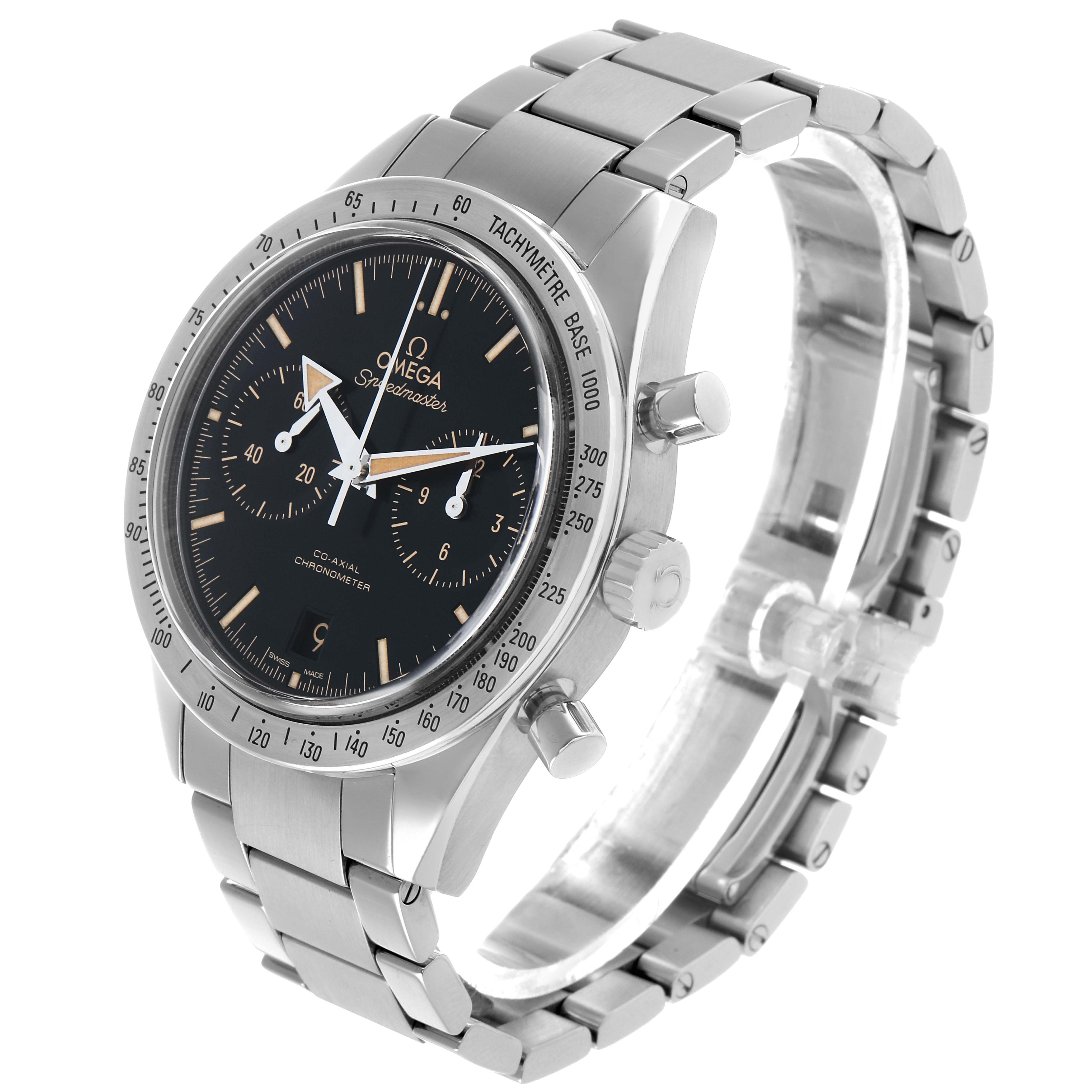 The Omega Speedmaster 331.10.42.51.01.002 Men's Stainless Steel Black Dial watch is shown at a slight angle, highlighting the dial, bezel, and stainless steel bracelet.