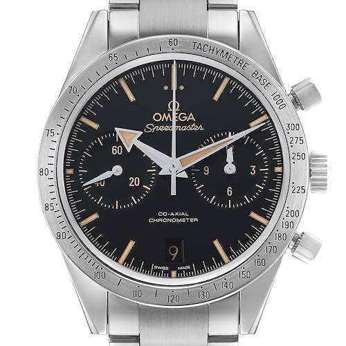 The Omega Speedmaster 331.10.42.51.01.002 Men's Stainless Steel Black Dial watch is shown from a front angle, displaying the dial, subdials, tachymeter bezel, and part of the bracelet.