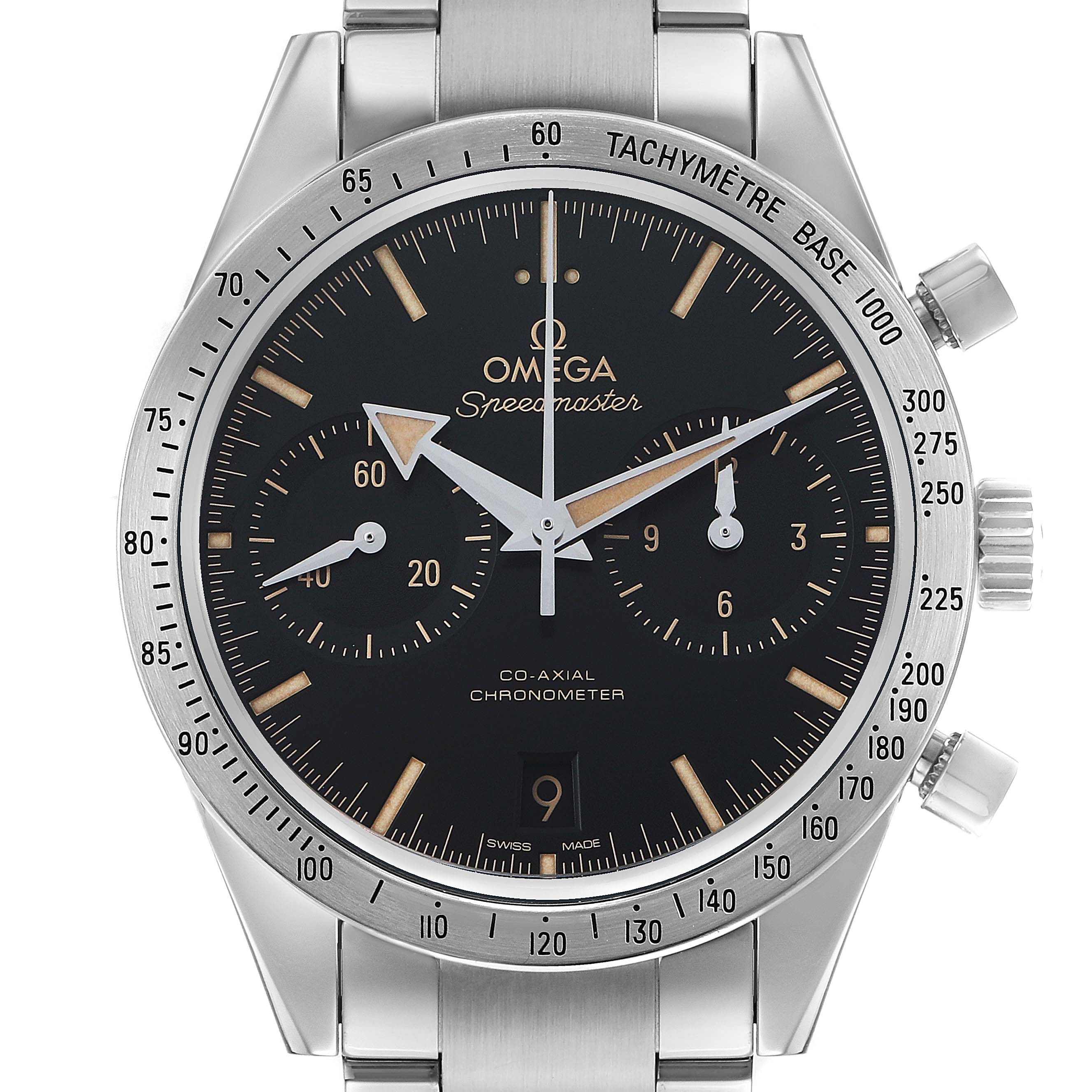 The Omega Speedmaster 331.10.42.51.01.002 Men's Stainless Steel Black Dial watch is shown from the front, displaying the face, bezel, and crown with visible pushers.