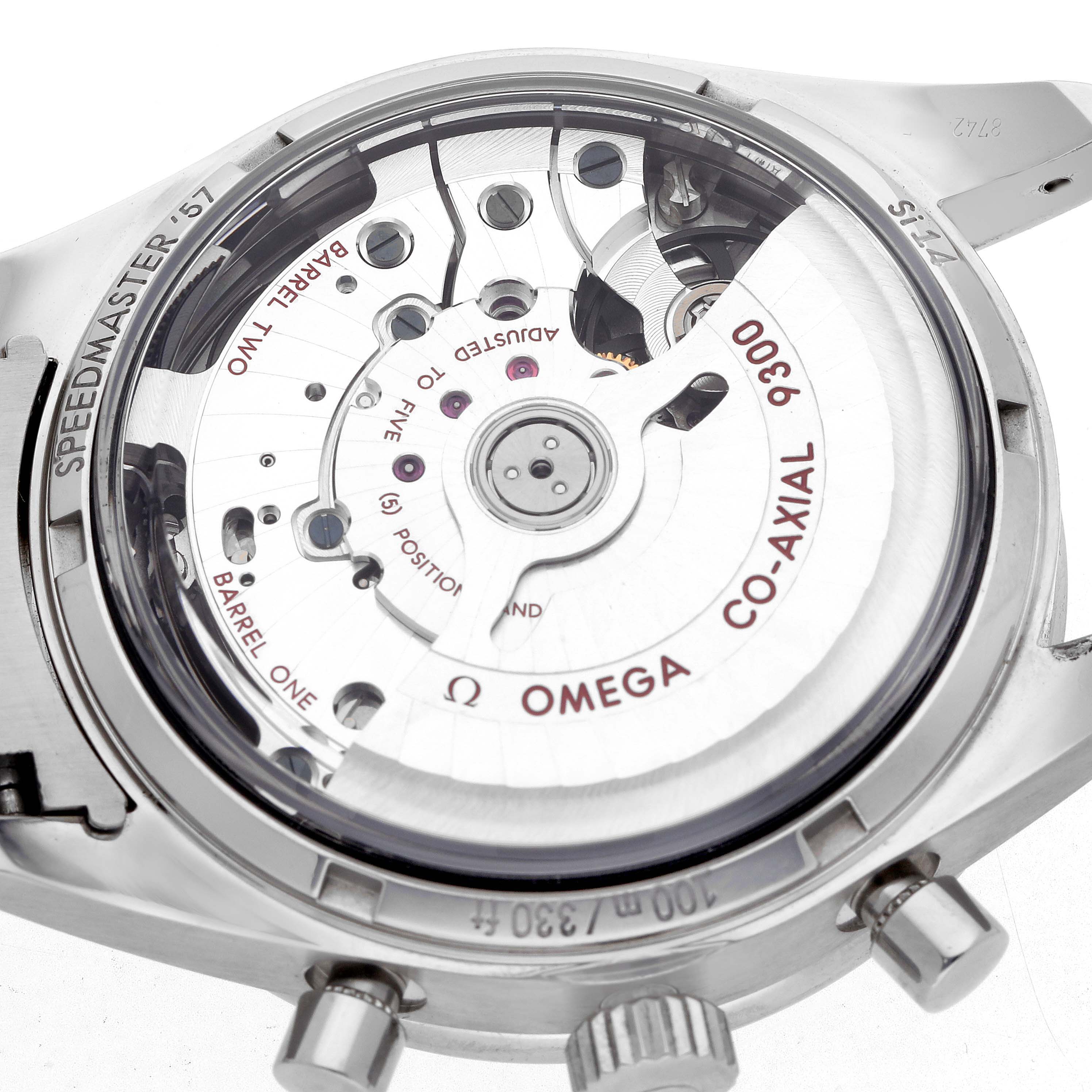 The image shows the back of an Omega Speedmaster 331.10.42.51.01.002 Men's Stainless Steel Black Dial watch, highlighting its Co-Axial 9300 movement mechanism.