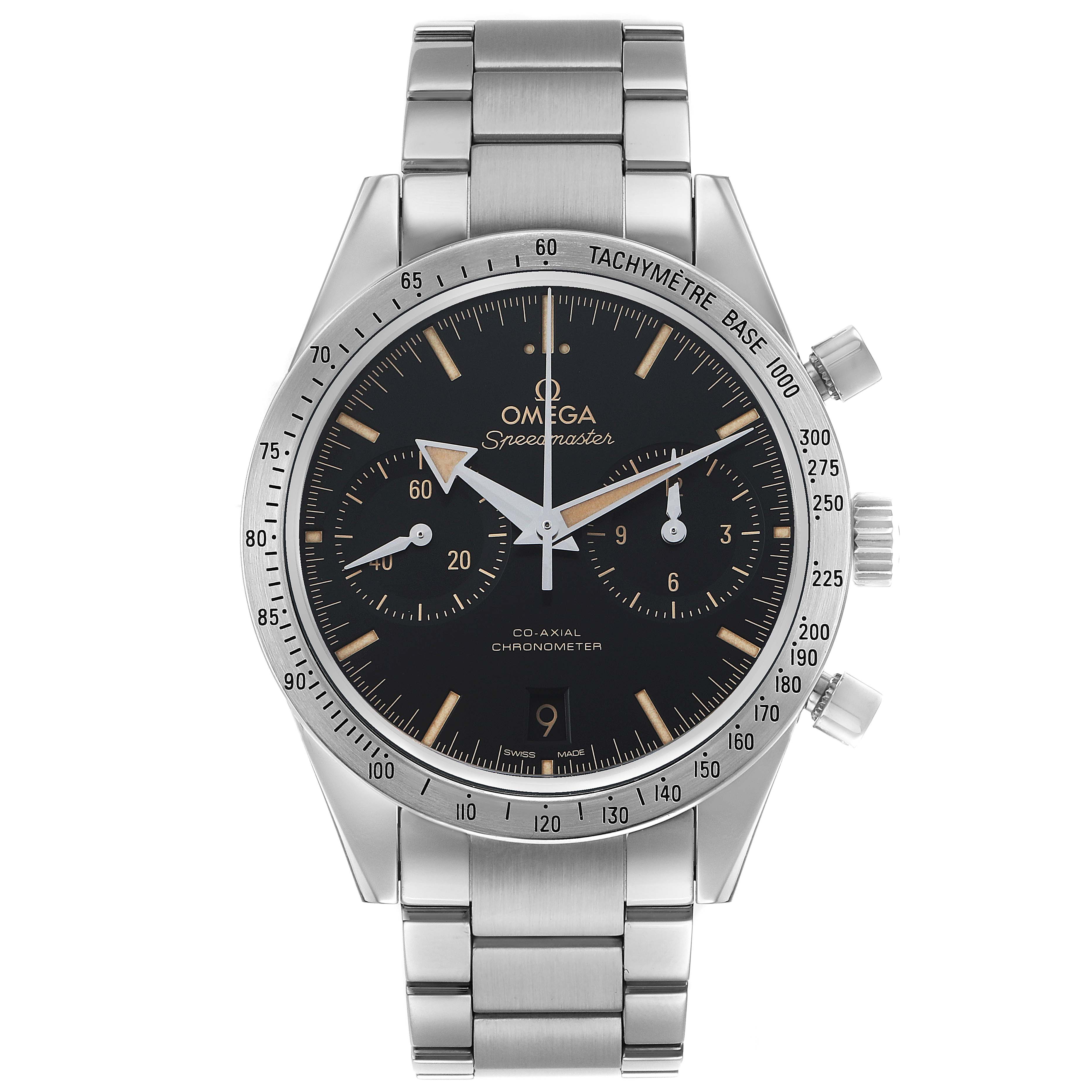 The Omega Speedmaster 331.10.42.51.01.002 Men's Stainless Steel Black Dial watch is shown from a front angle, displaying the face, bezel, crown, and bracelet.