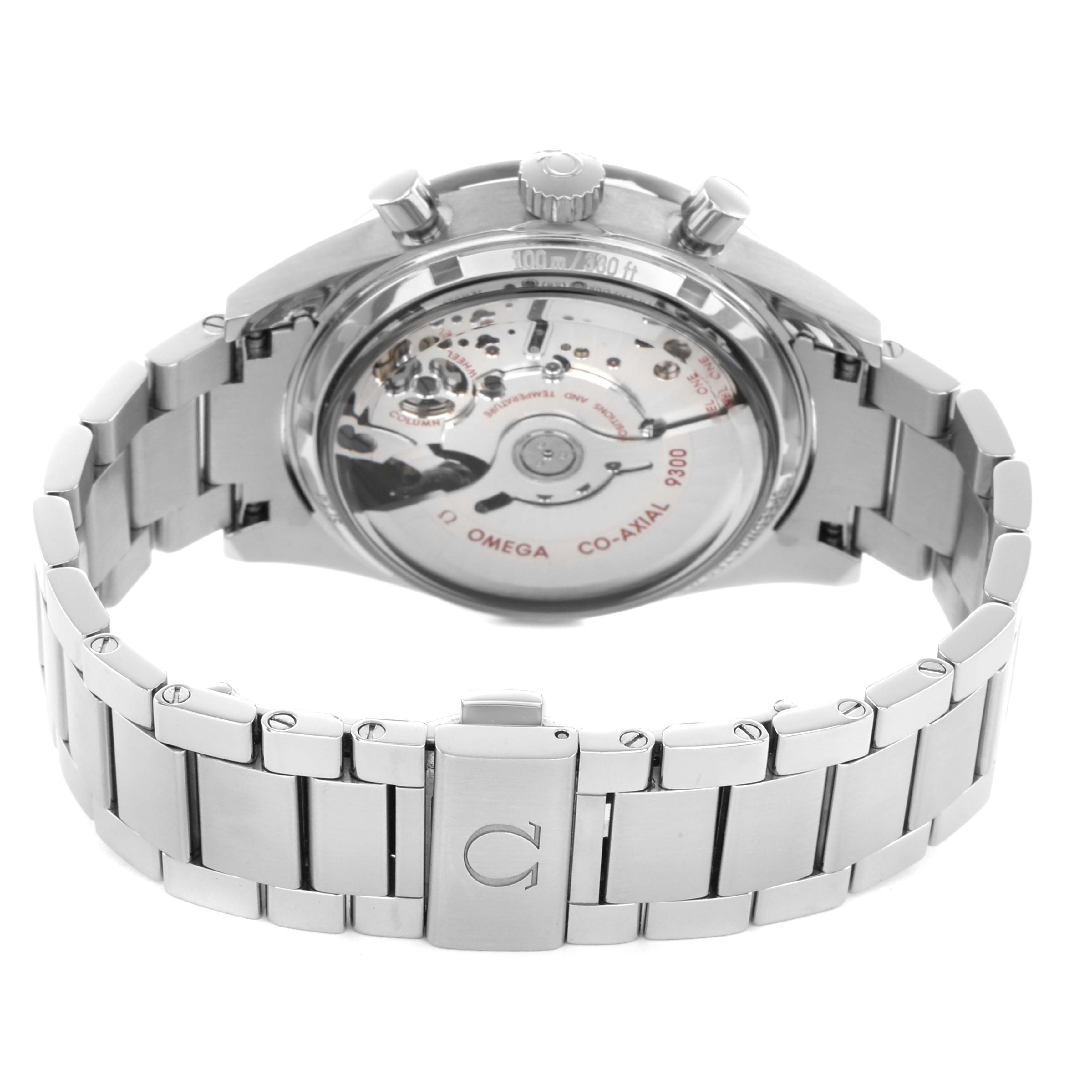 The Omega Speedmaster 331.10.42.51.01.002 Men's Stainless Steel Black Dial watch is shown from the back, highlighting the transparent case back and bracelet links.